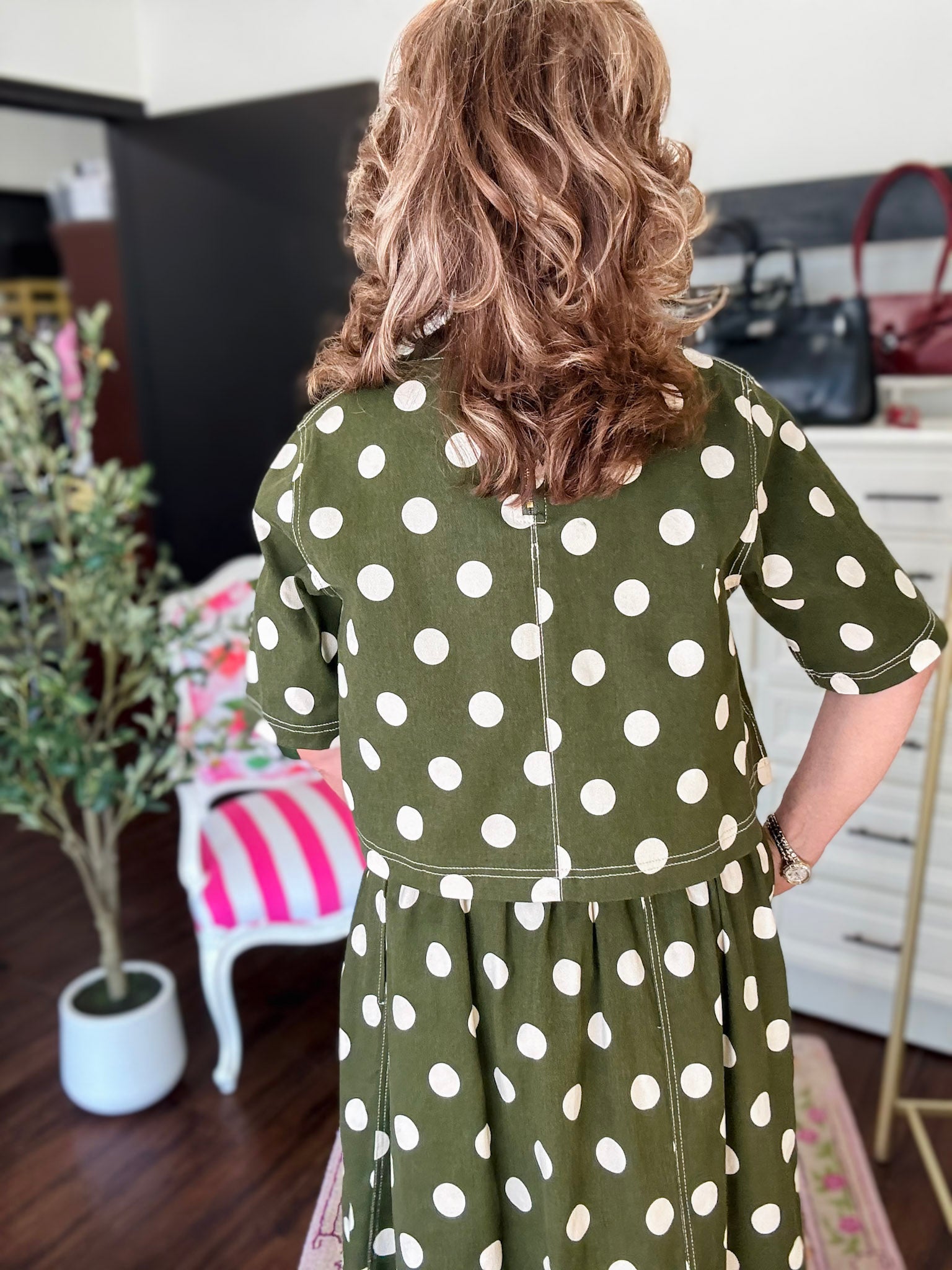 Polka Dot Short Sleeve Top-Olive