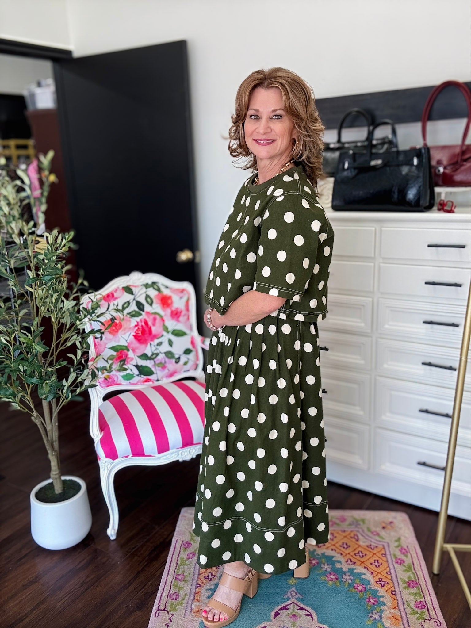 Polka Dot Midi Skirt-Olive