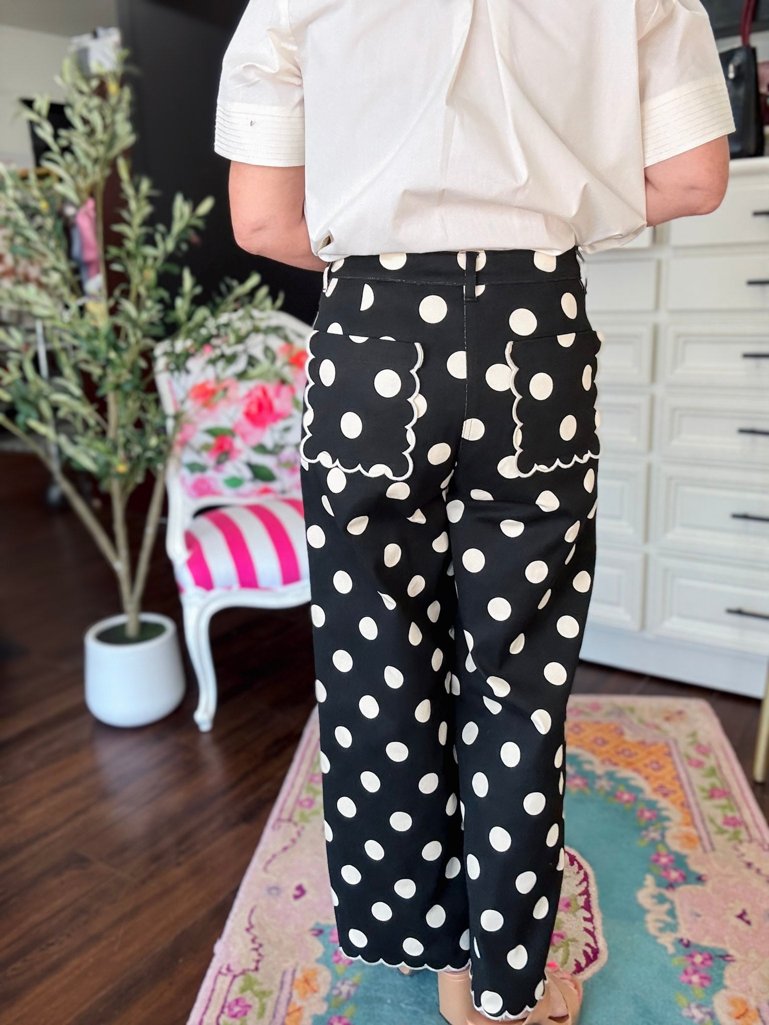 Polka Dot Scallop Pant-Black/Ivory