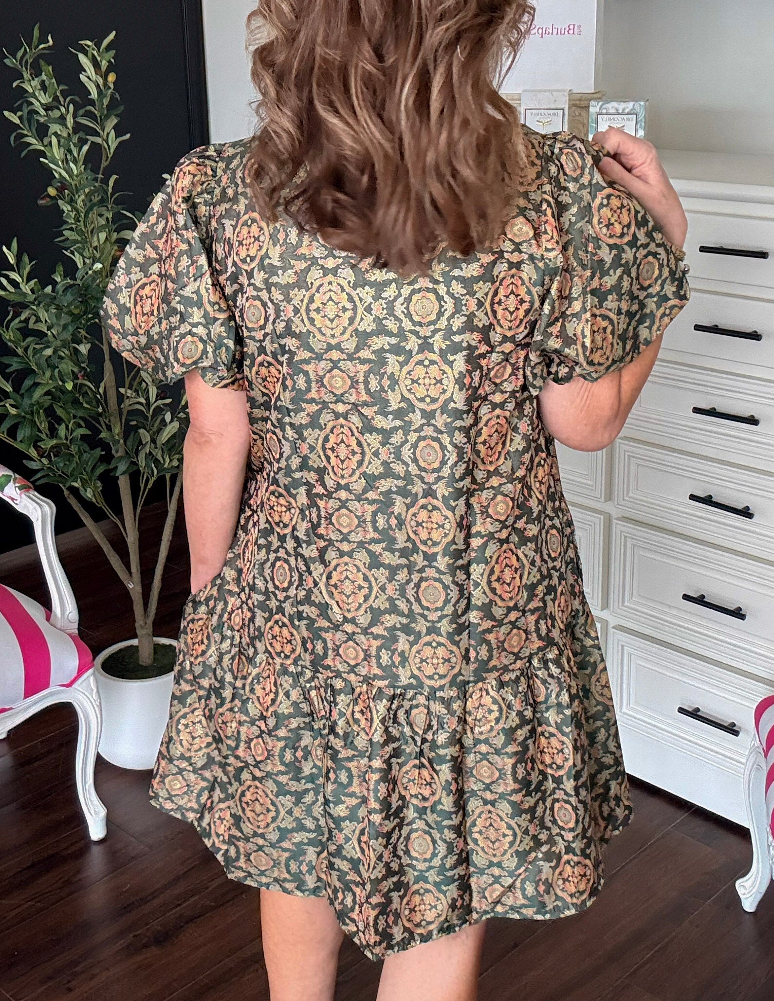 Baroque Mini Dress-Hunter Green