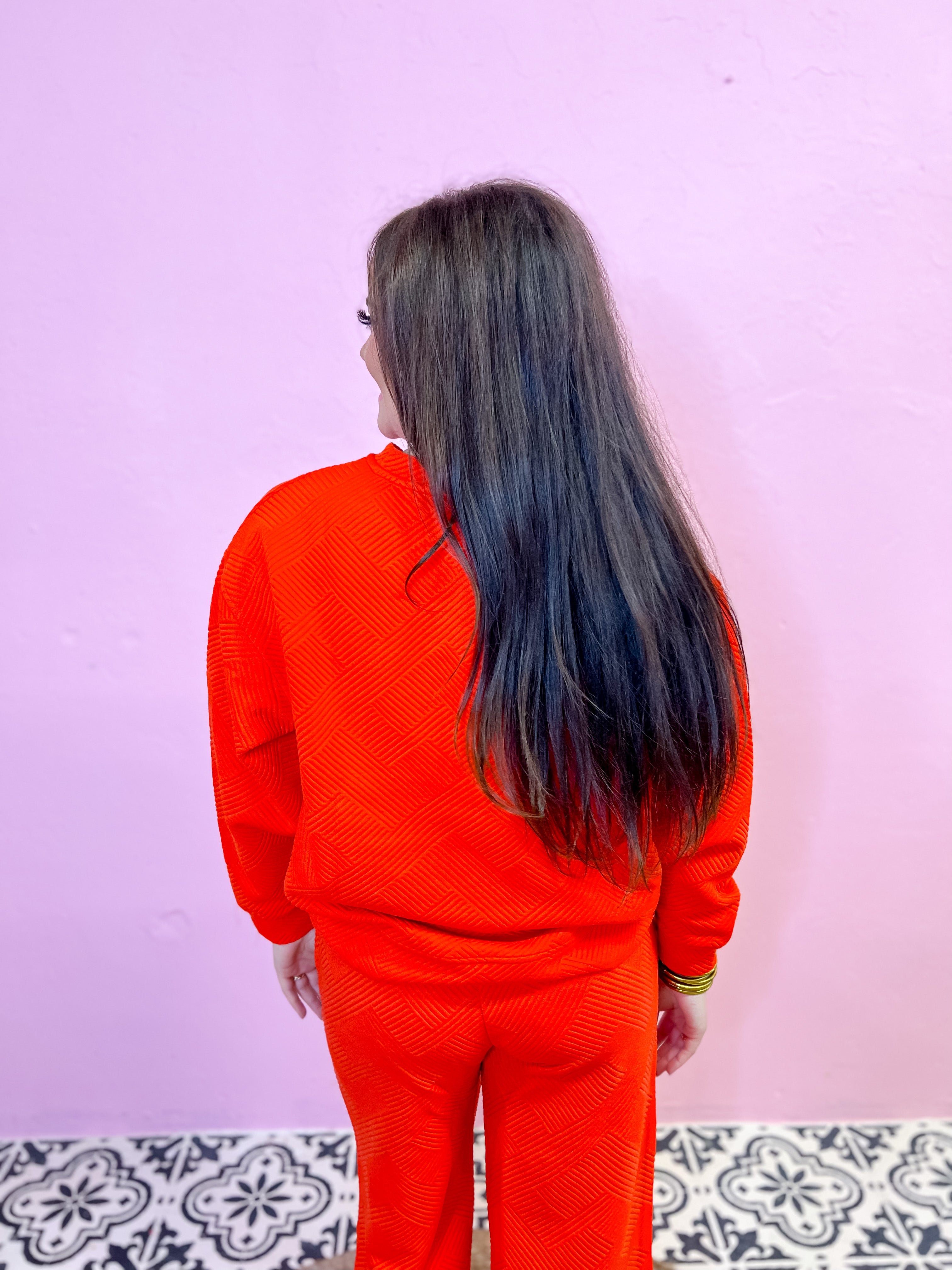 Textured Long-Sleeve  Loungewear Top-Orange