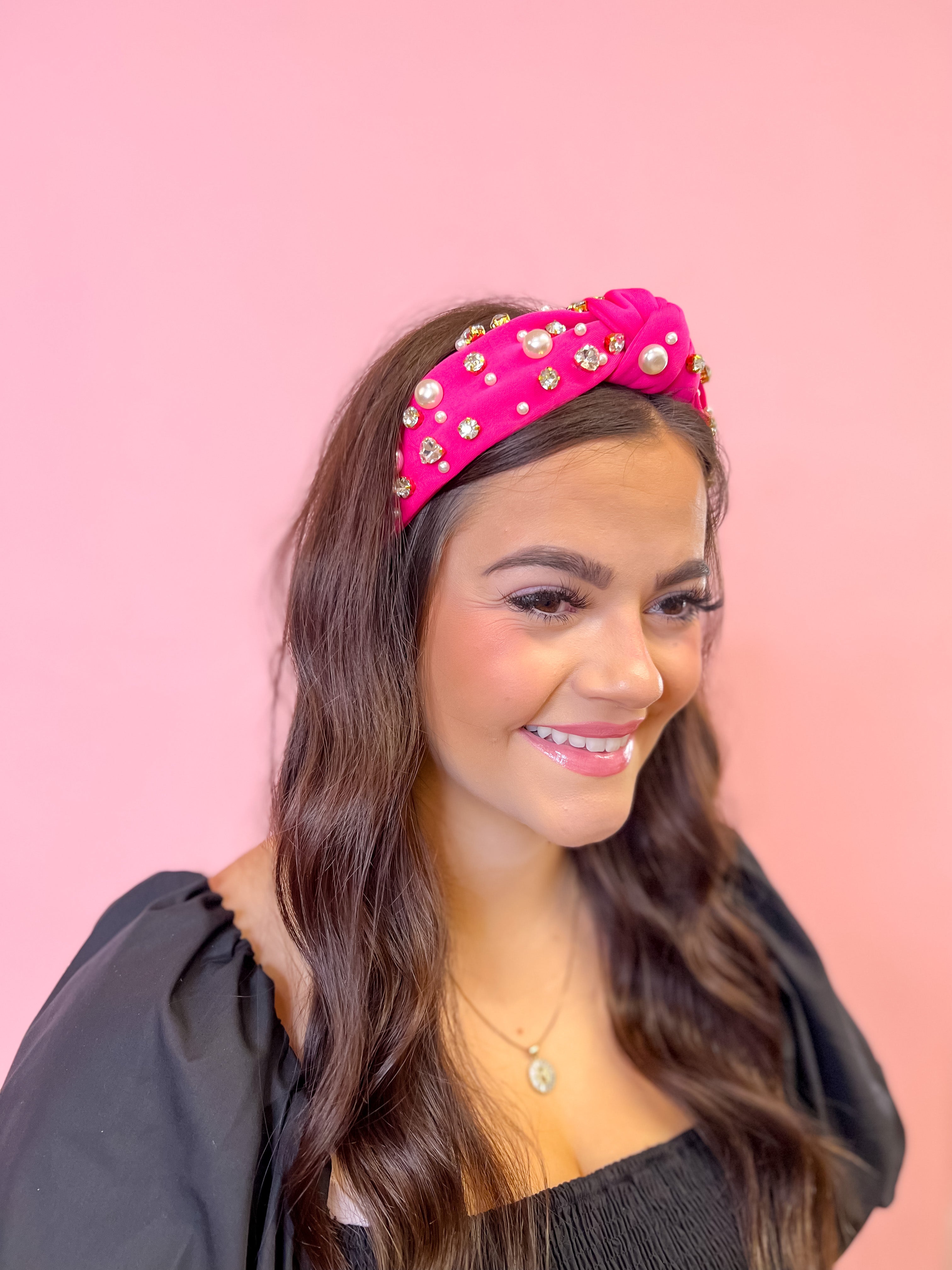 Hot Pink Knotted Headband with Pearls and Gems