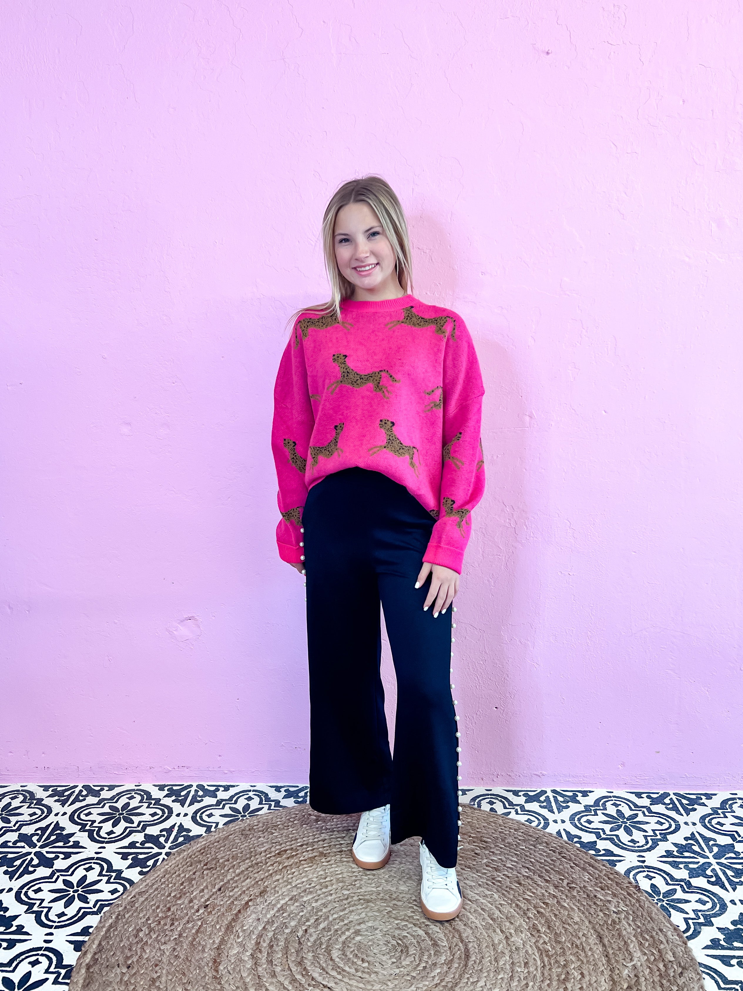 Cheetah Print Knit Hot Pink Sweater