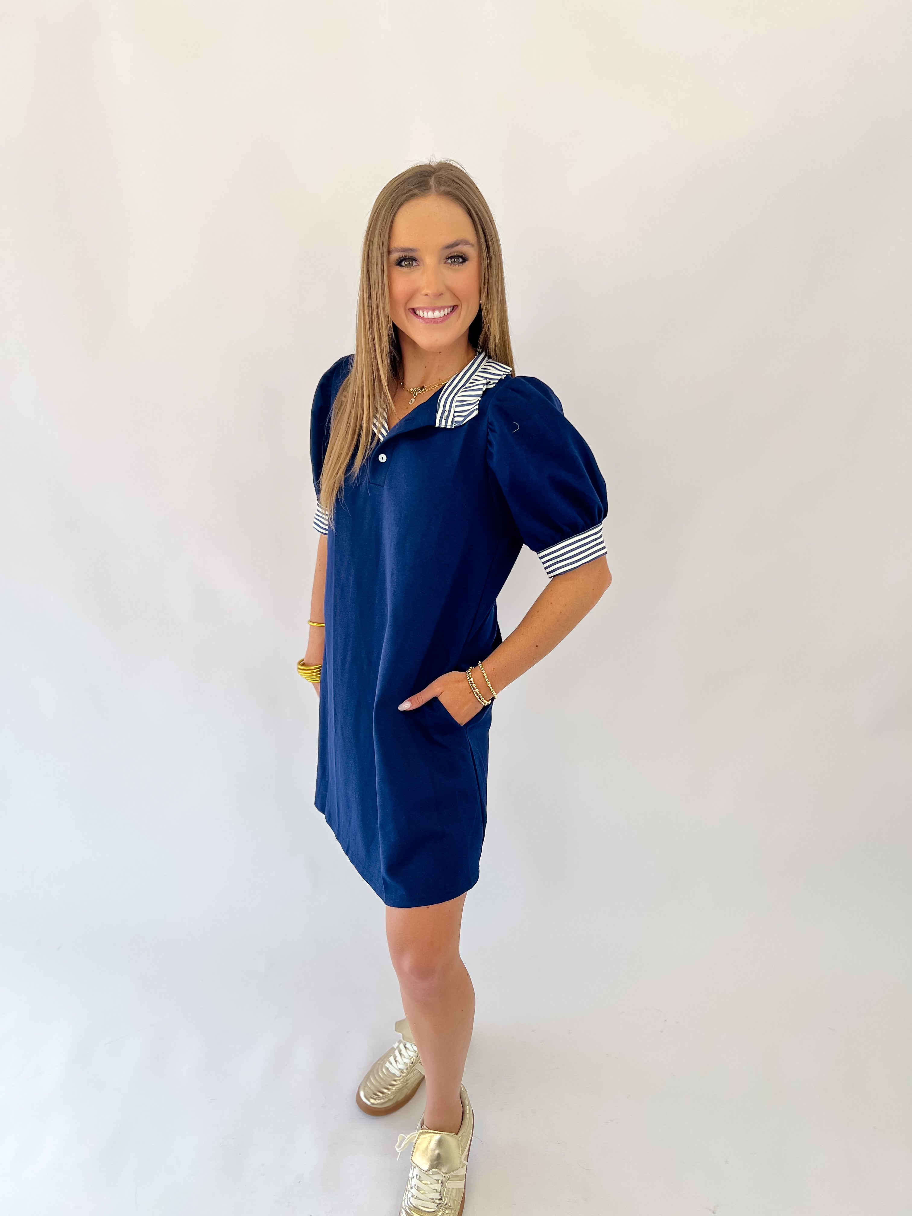 Navy Striped Sensation Knit Polo Pull-Over Dress