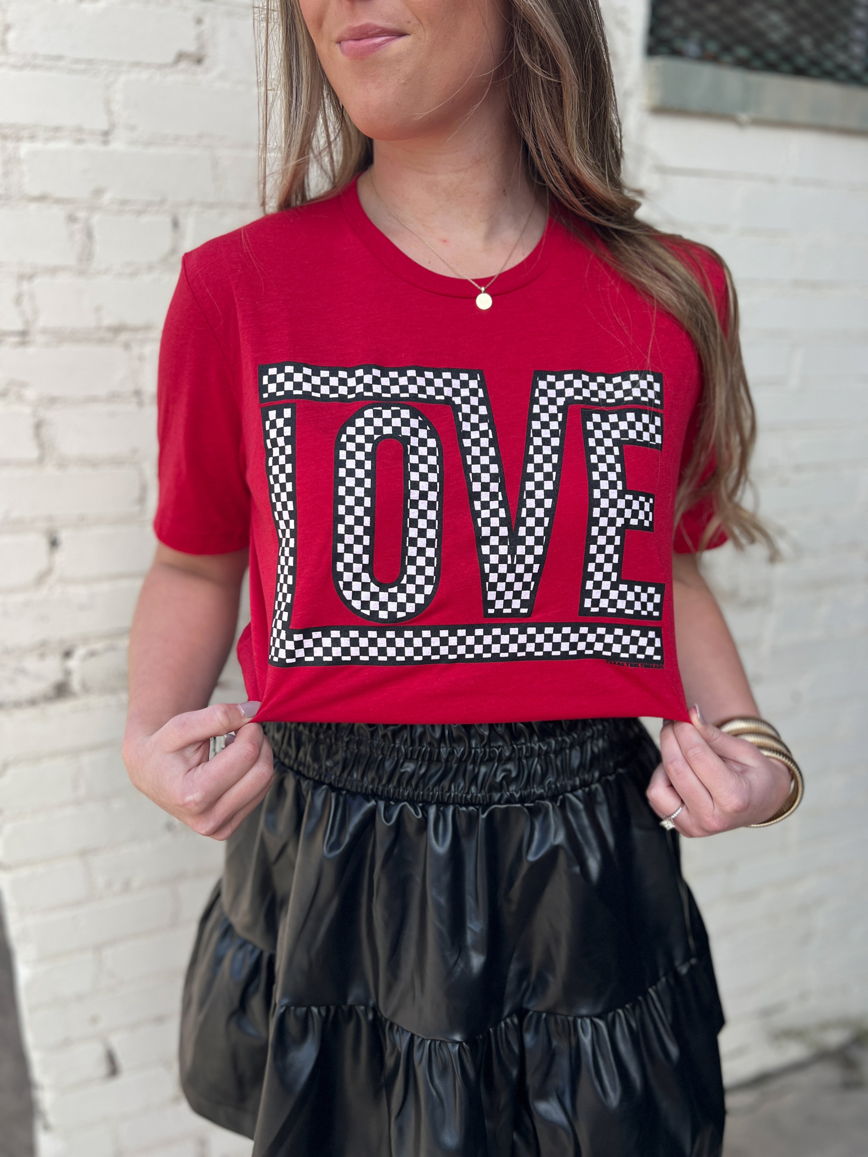 Funky Checkered Love Tee-Red
