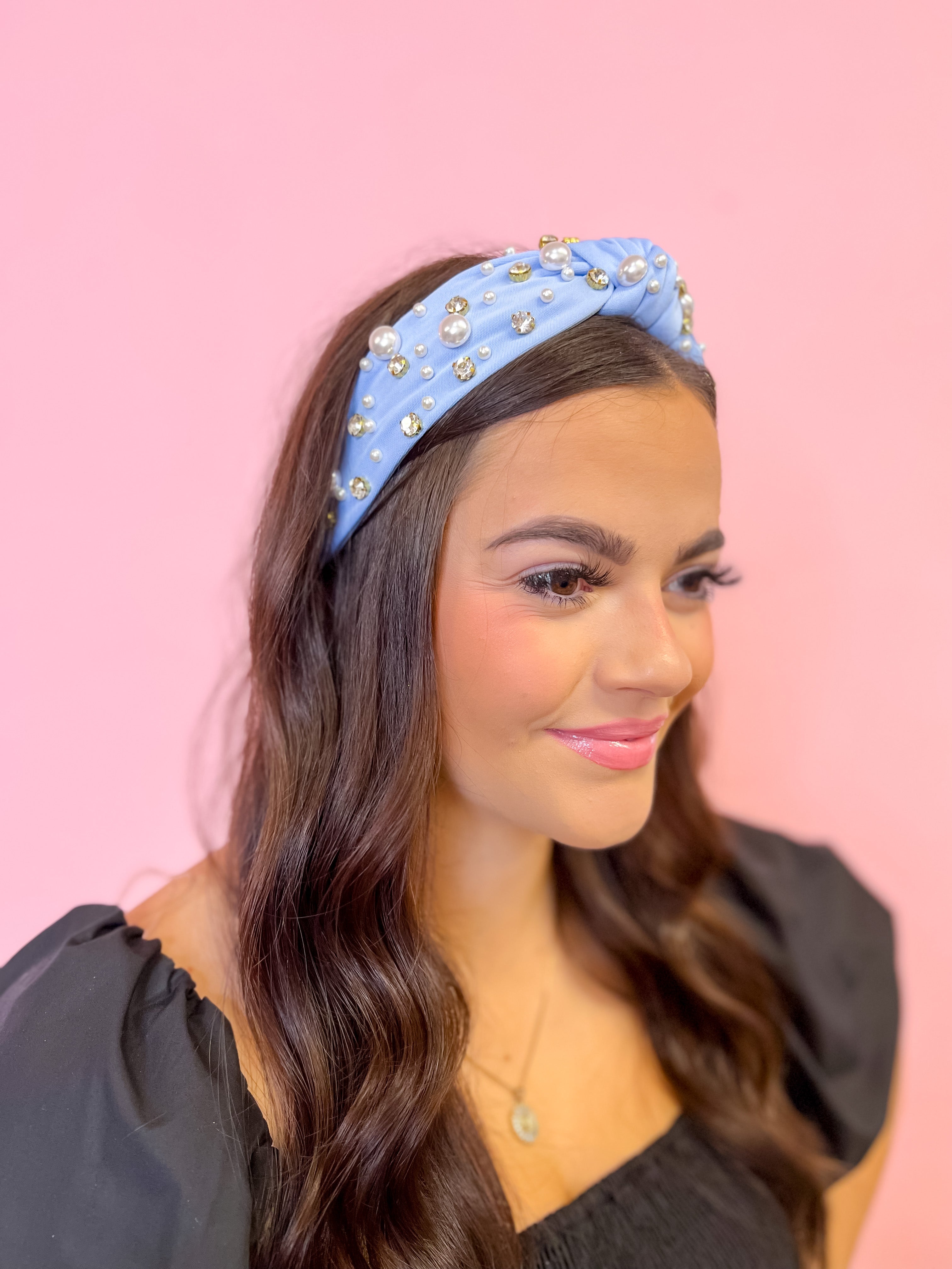 Light Blue Knotted Headband with Pearls & Gems
