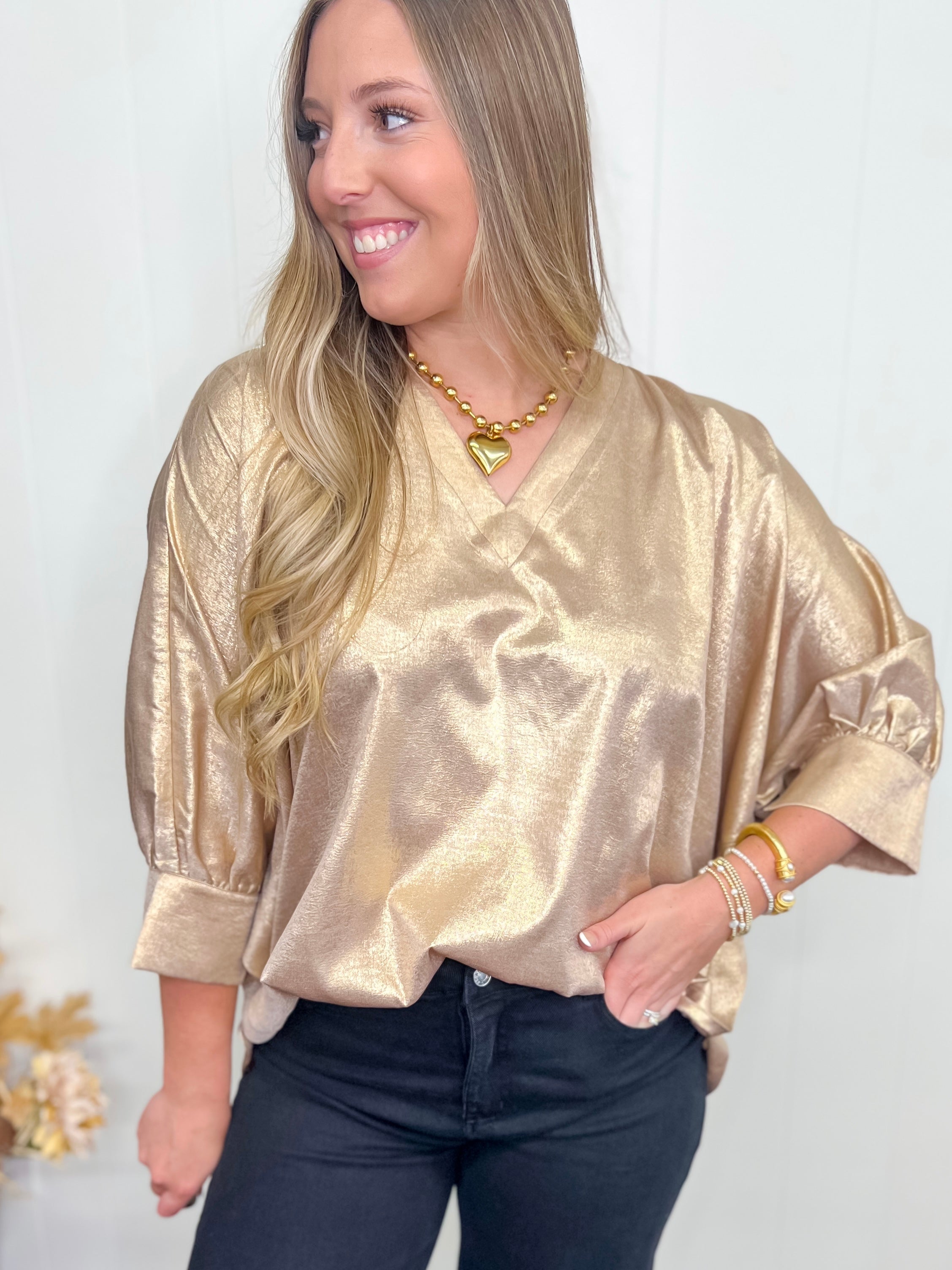 Coming In Hot Metallic Top-Taupe