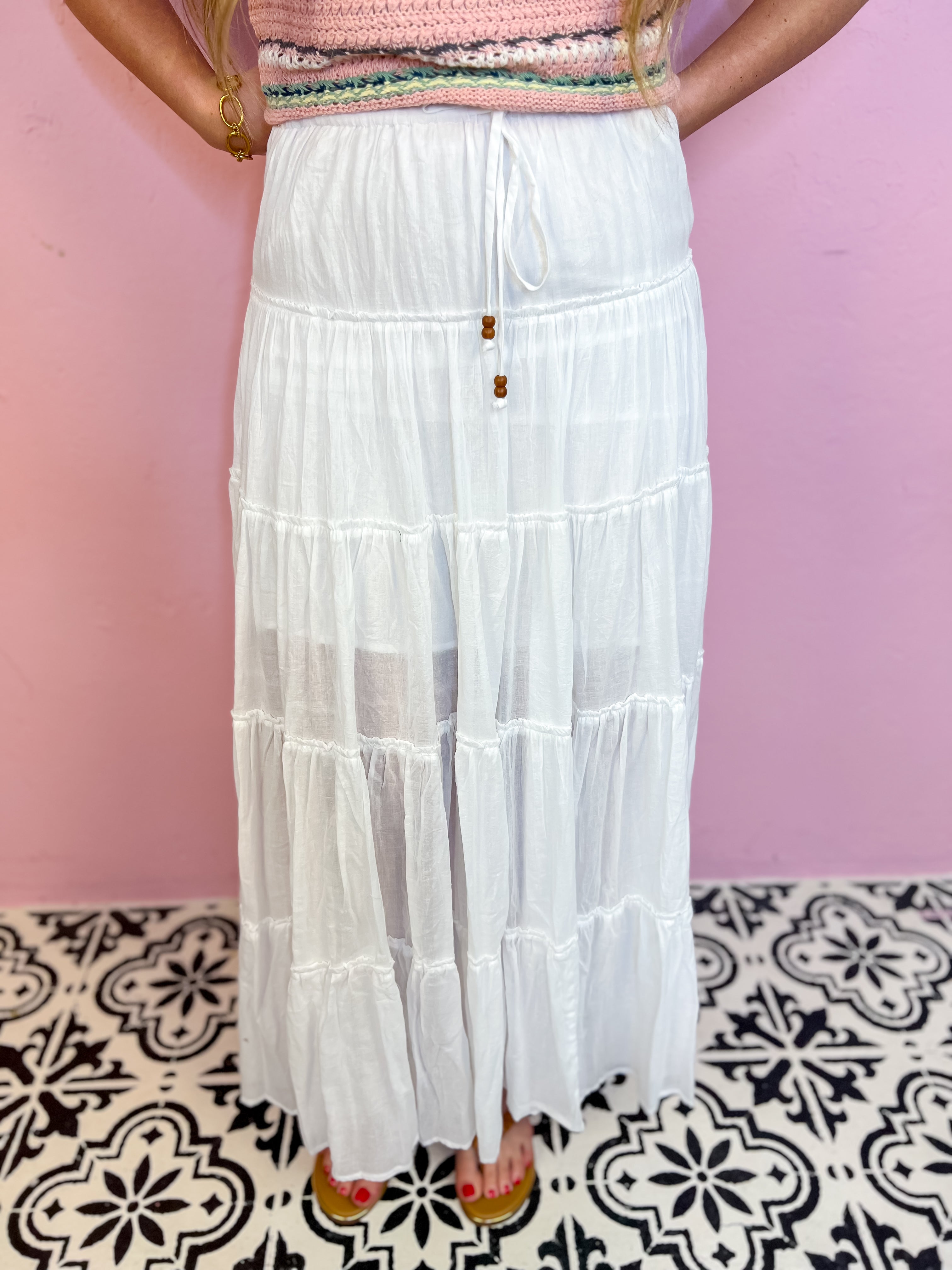 Drawstring Detail Tiered Maxi Skirt-Off White