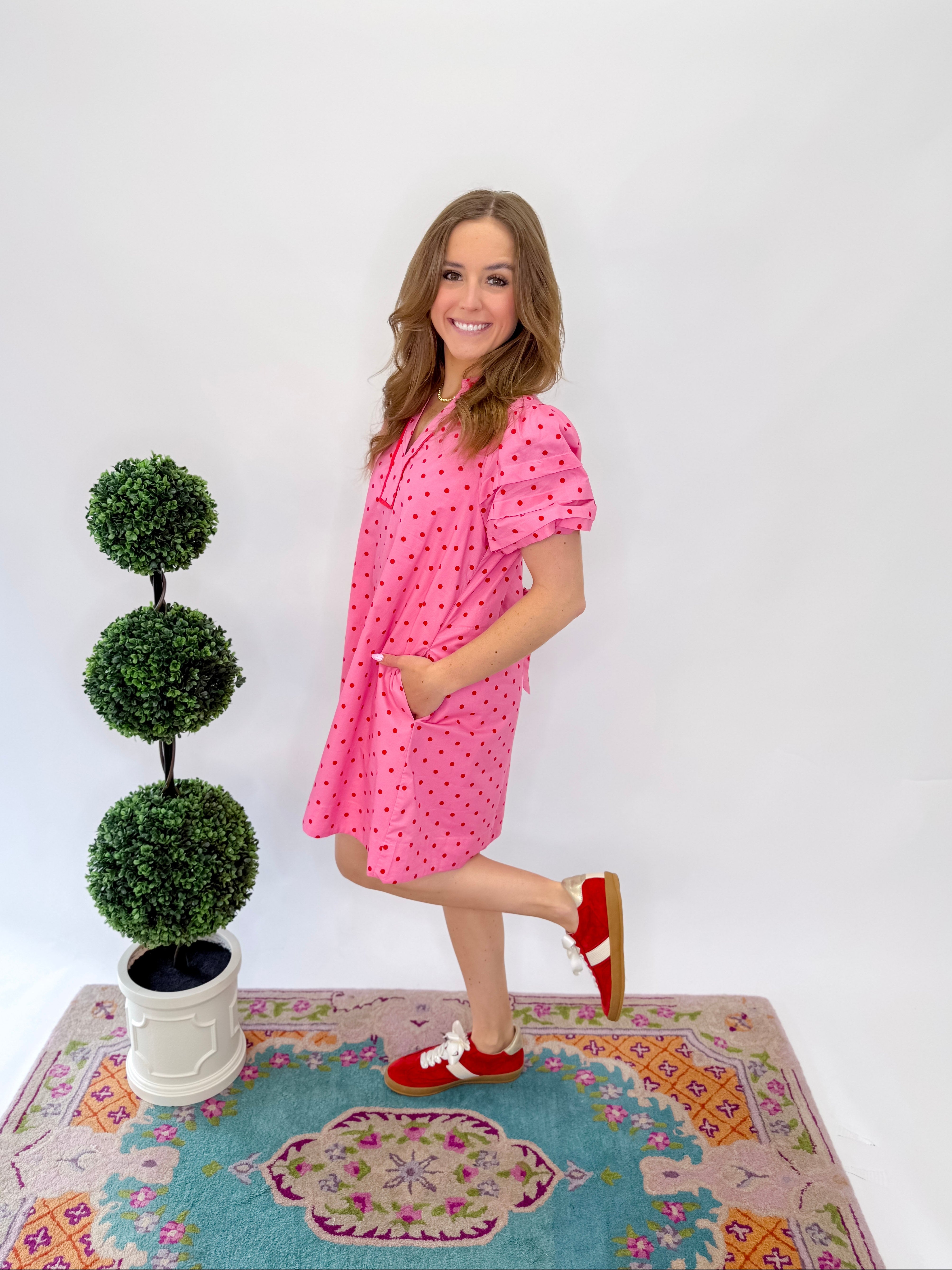 Melody Polka Dot Puff Sleeve Dress - Pink