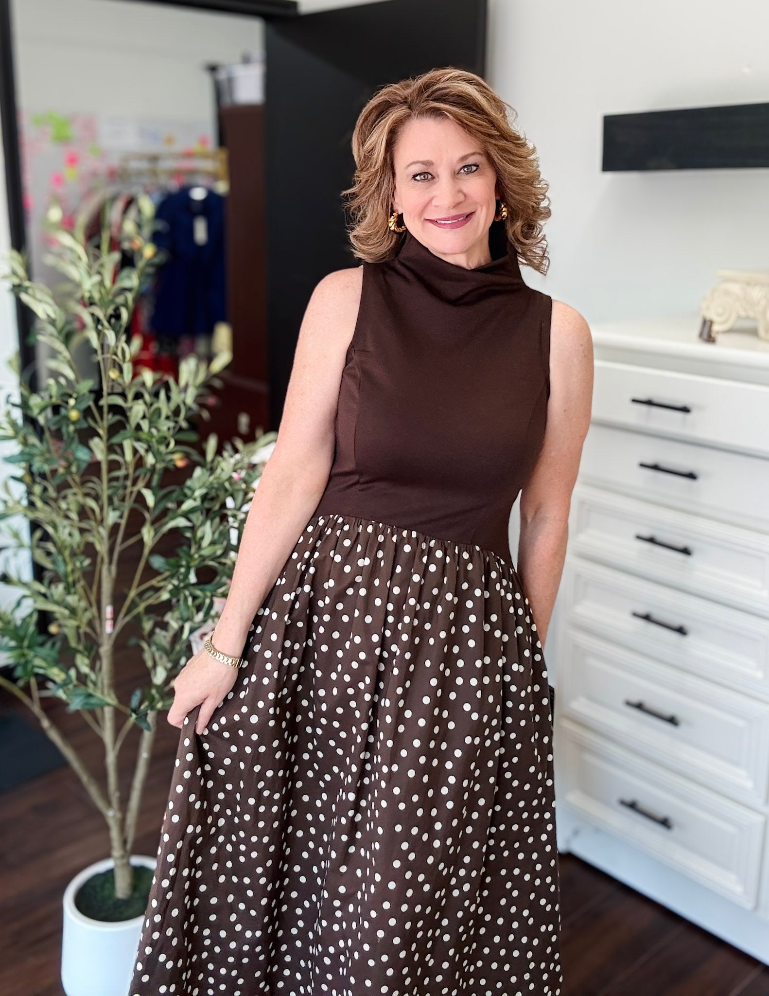 Mock Neck Dress - Brown