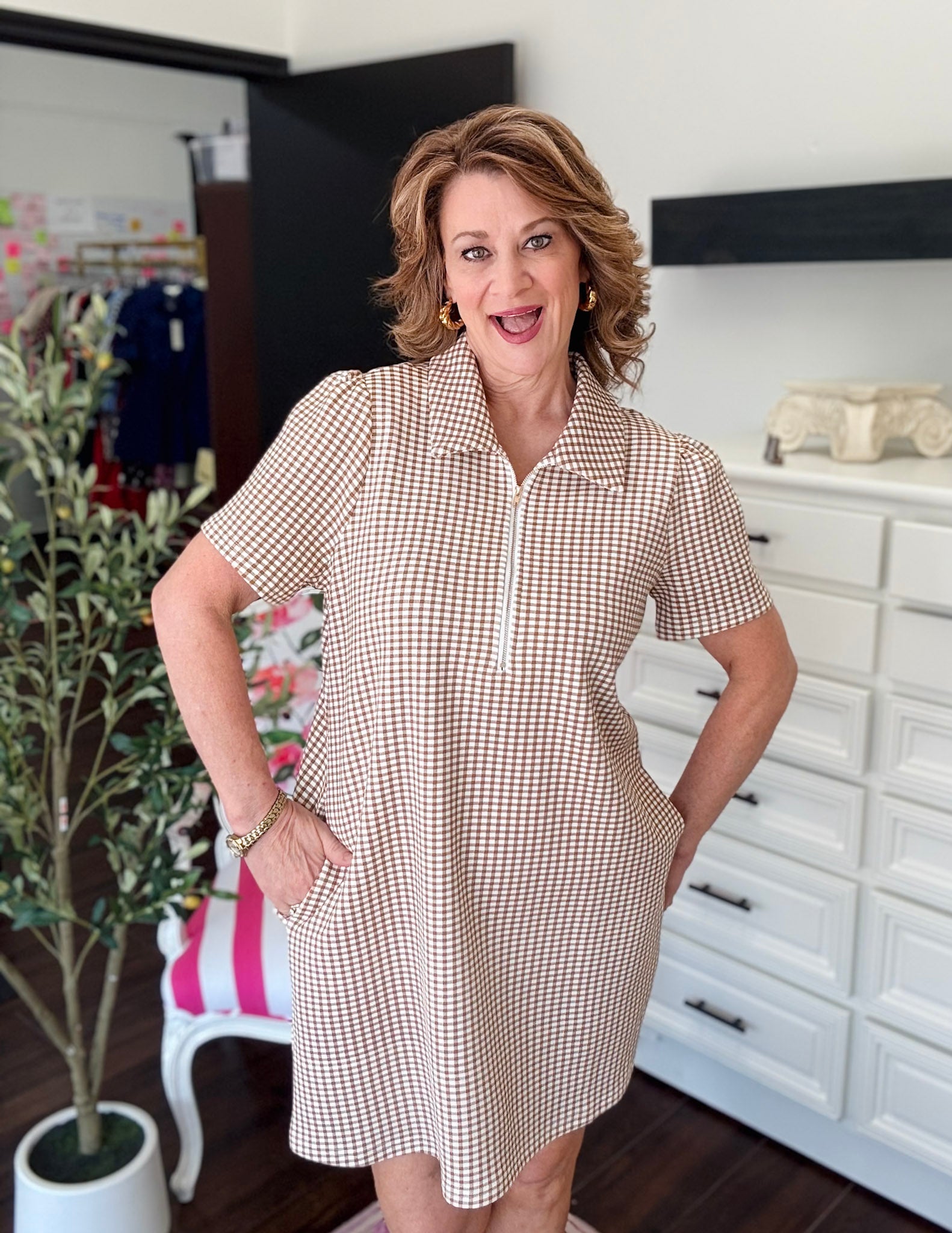 Gingham Stretch Mini Dress - Camel