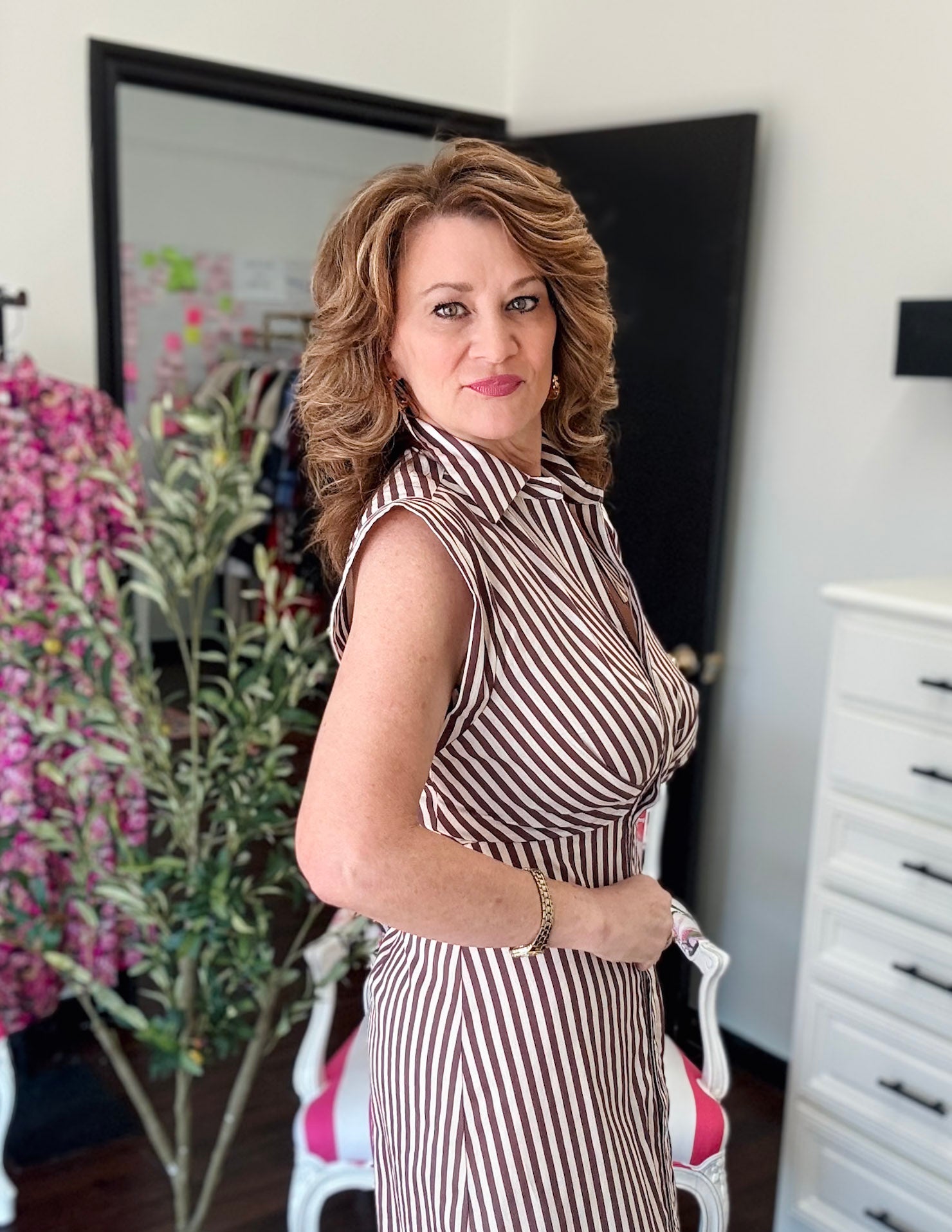 Striped Button Down Midi Dress-Brown/White