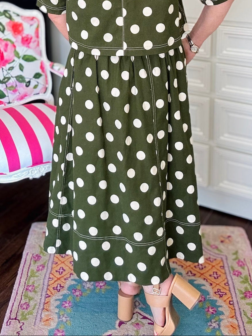 Polka Dot Midi Skirt-Olive
