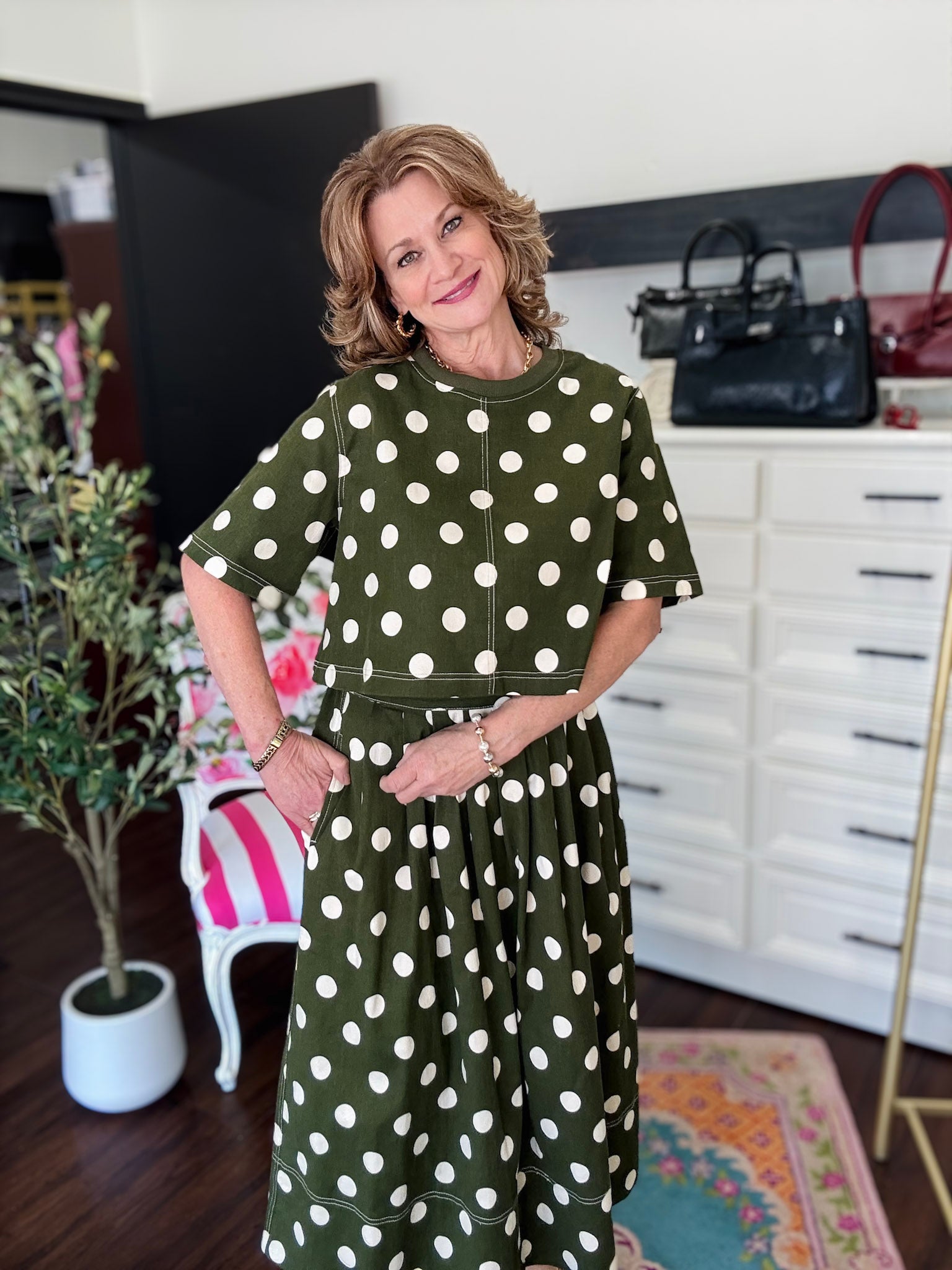 Polka Dot Midi Skirt-Olive