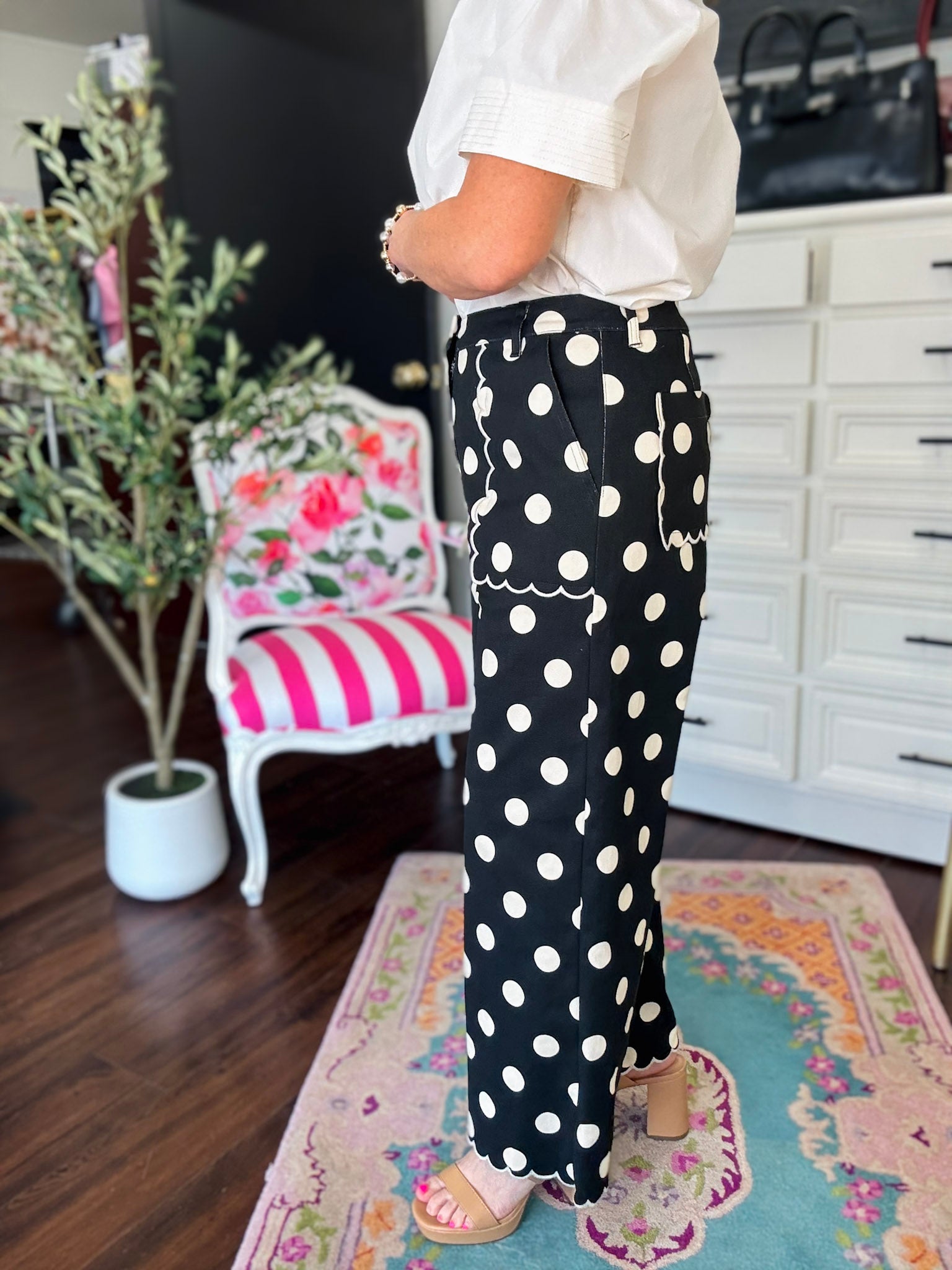 Polka Dot Scallop Pant-Black/Ivory
