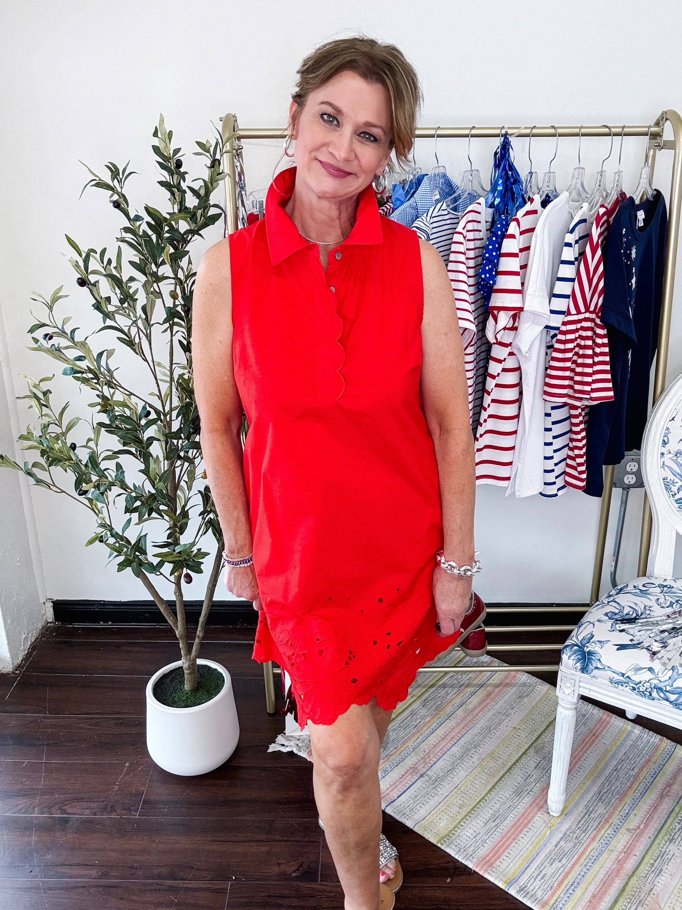 Red Shift Dress W/Eyelet Detail