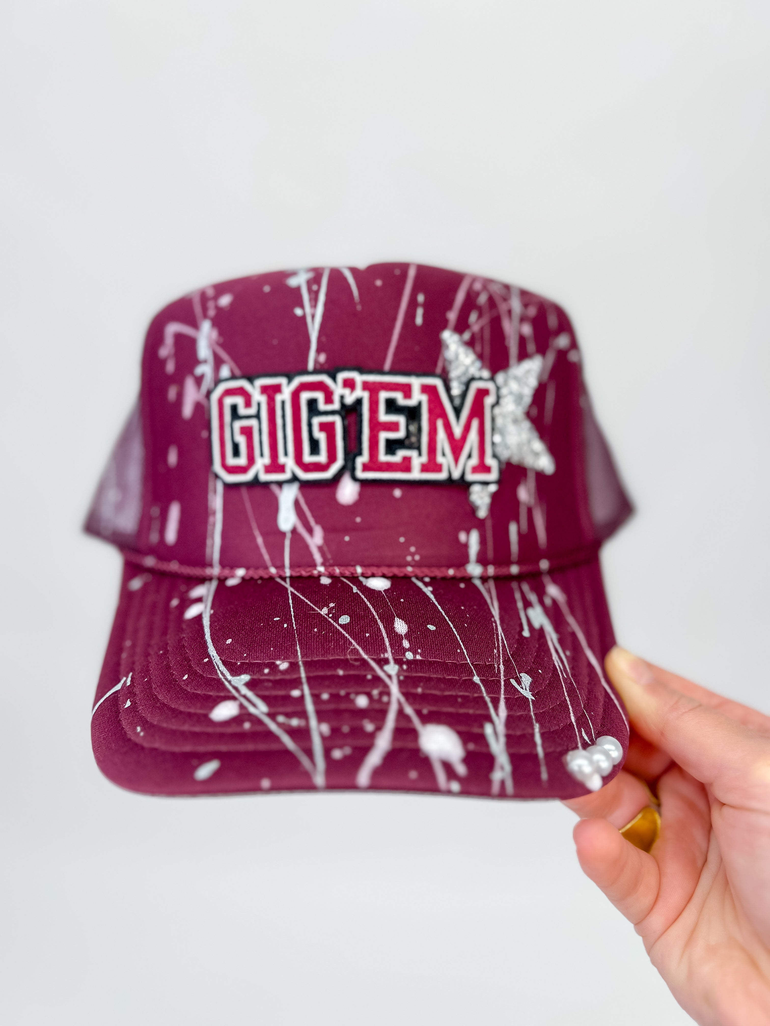 Gig'Em Maroon Splatter Paint Cap