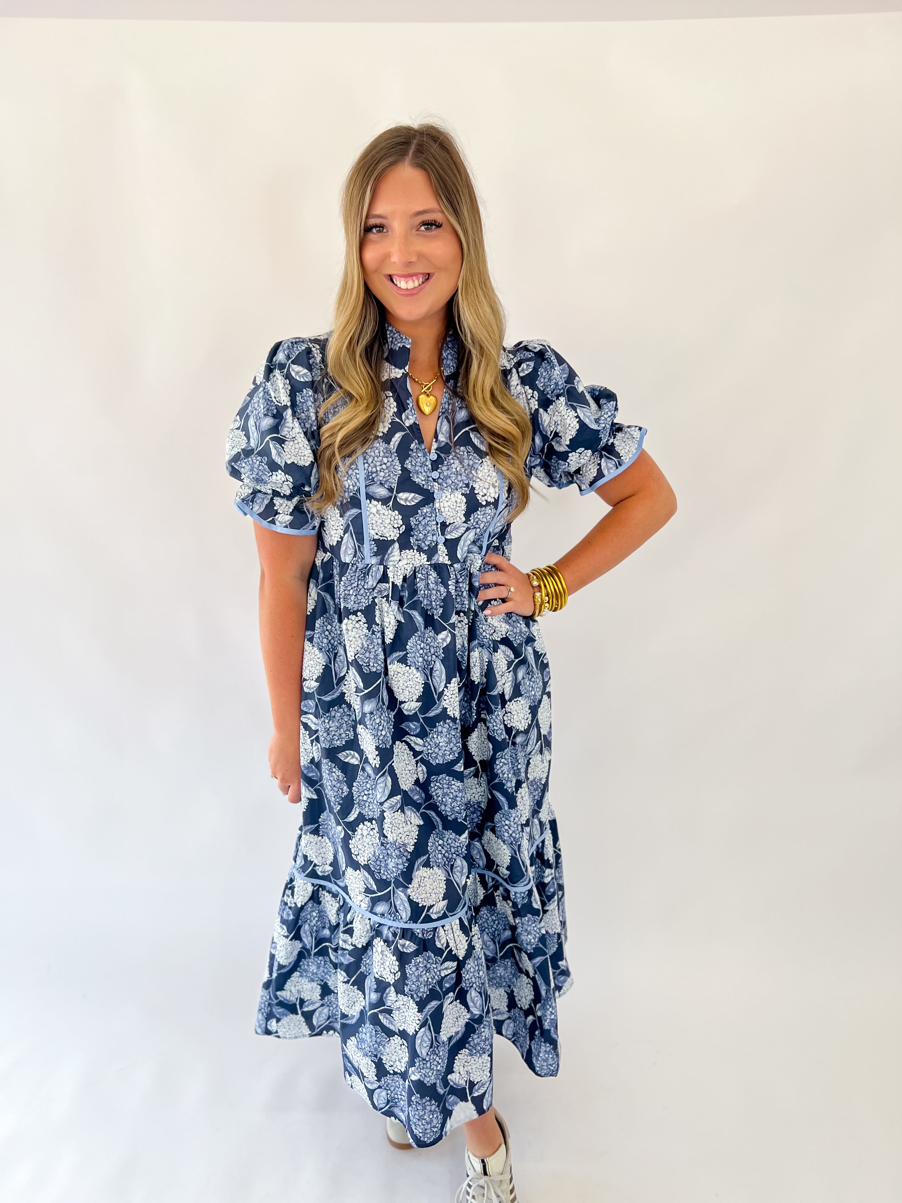 Fall Navy Botanical Midi Dress