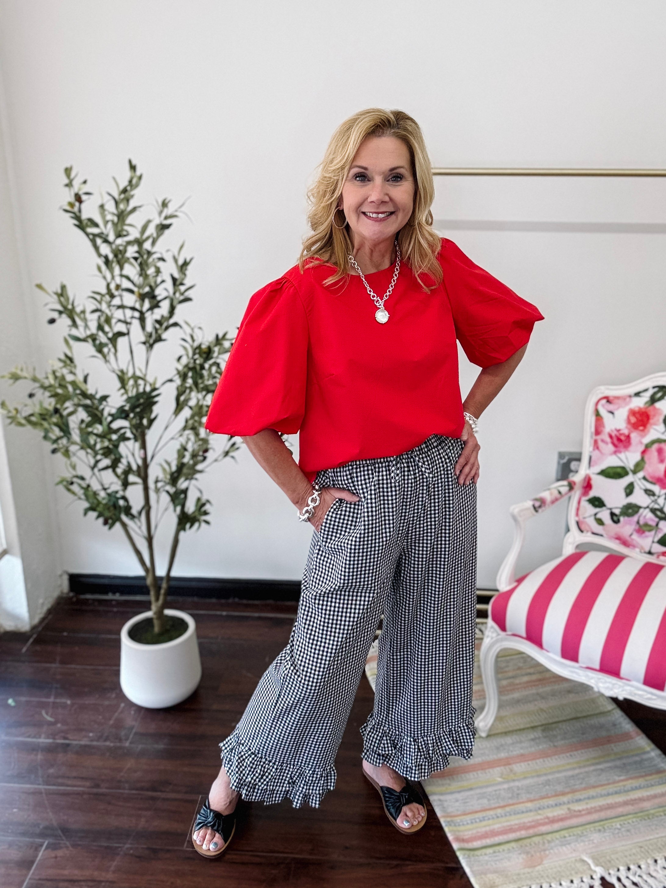 Bubble Sleeve Back Bow Top-Red