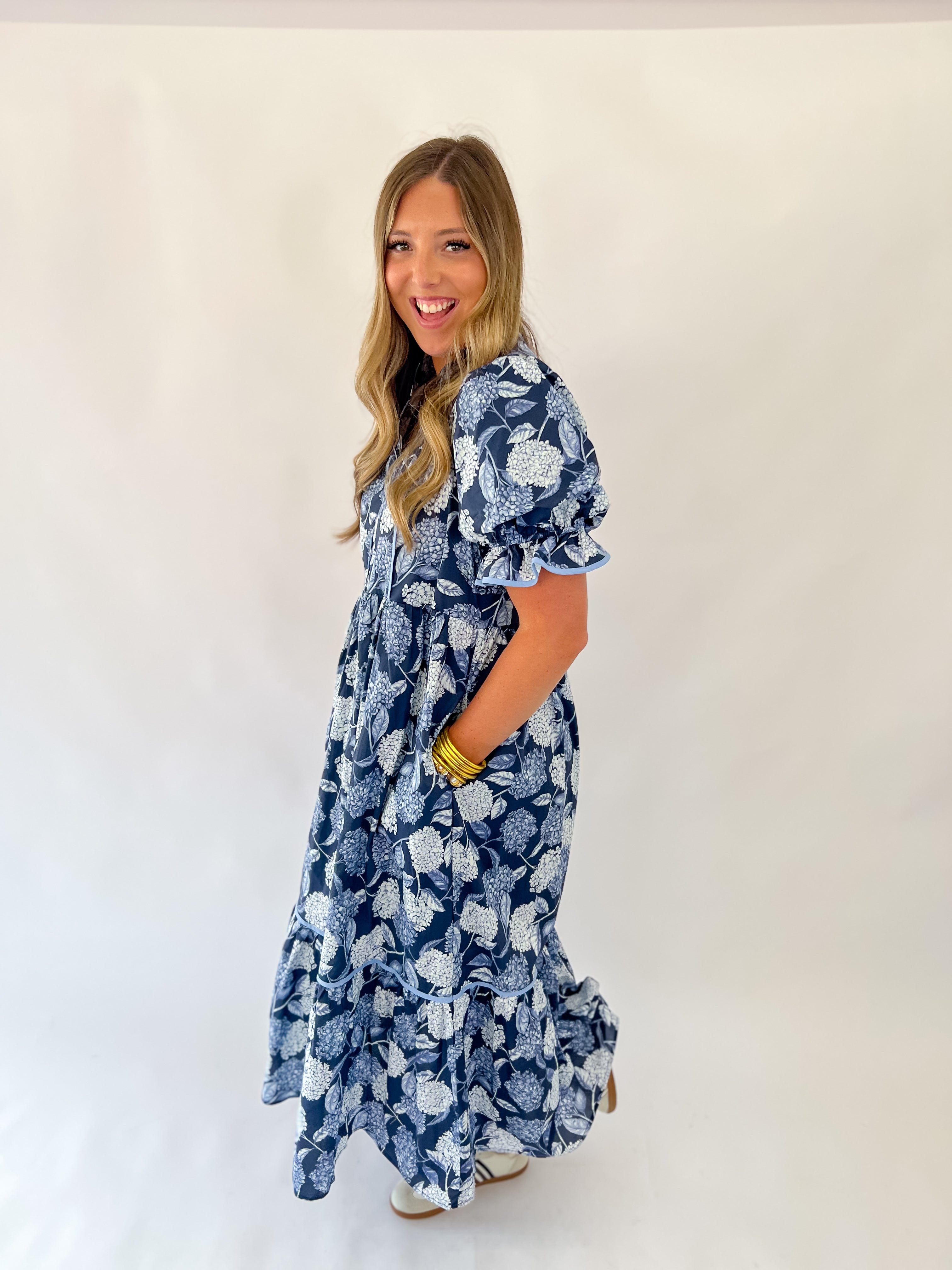 Fall Navy Botanical Midi Dress