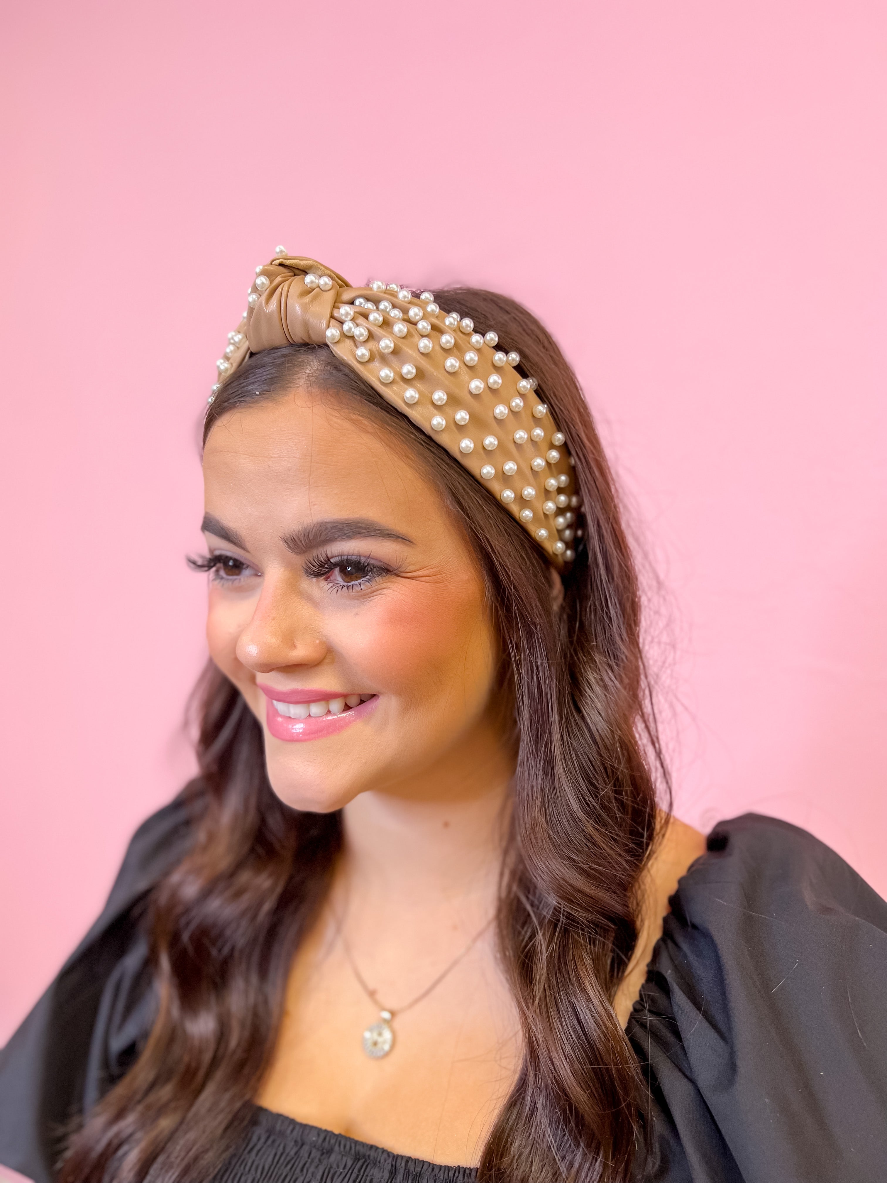 Tan Leather Knotted Headband with Pearls