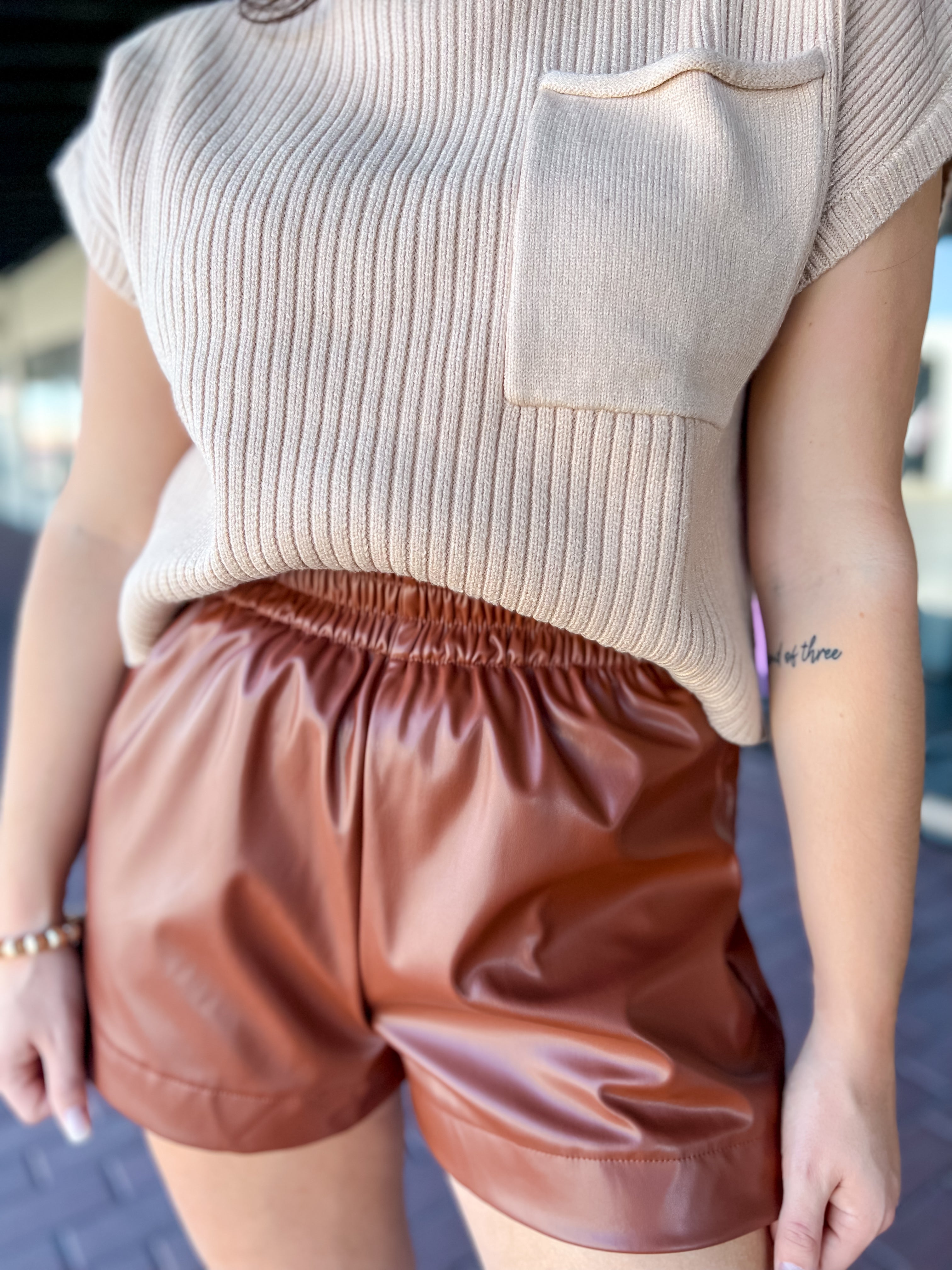 When In Doubt Faux Leather Shorts-Walnut