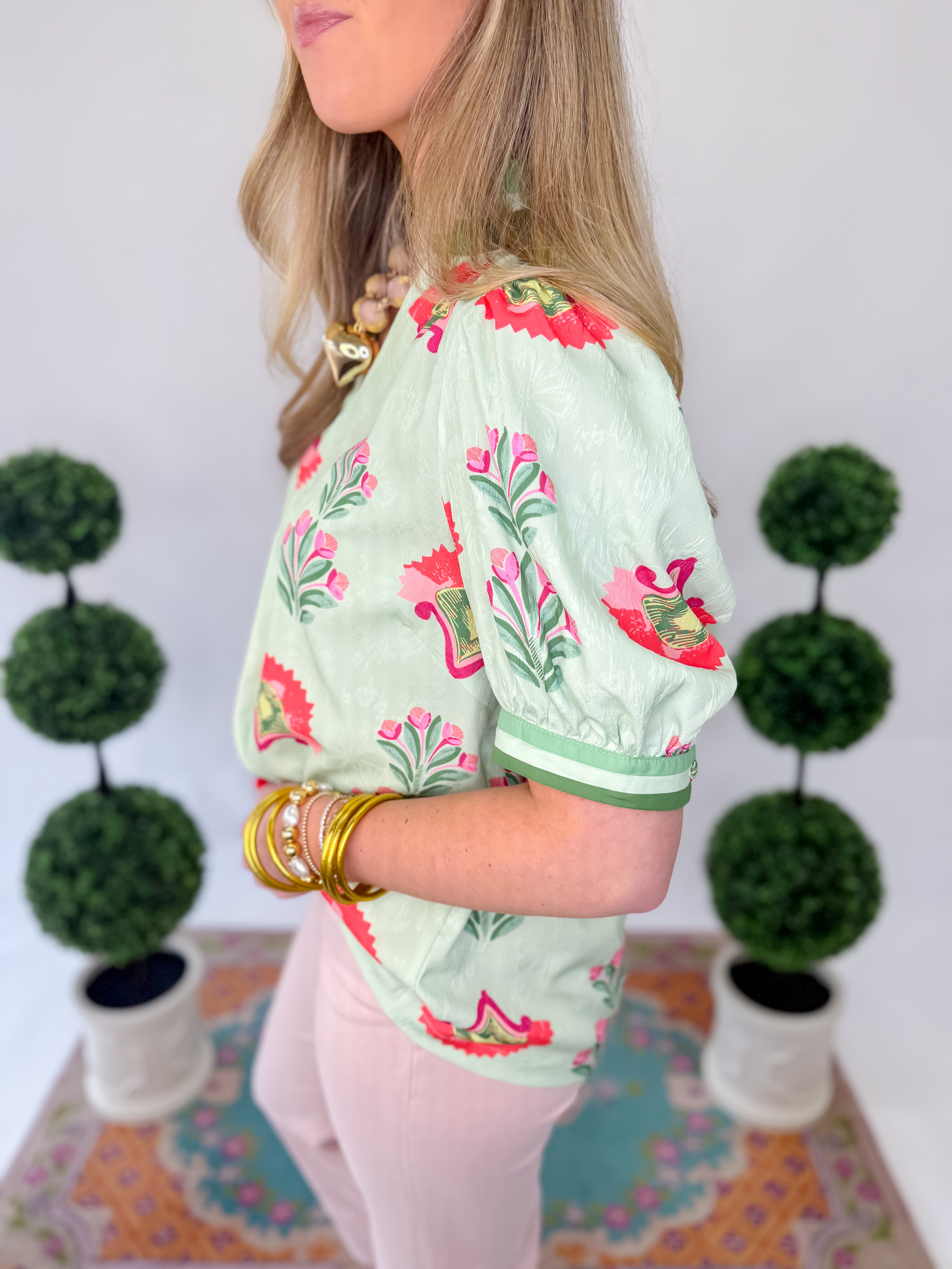 Pretty In Petals Ruffle Neck Top - Lt Sage