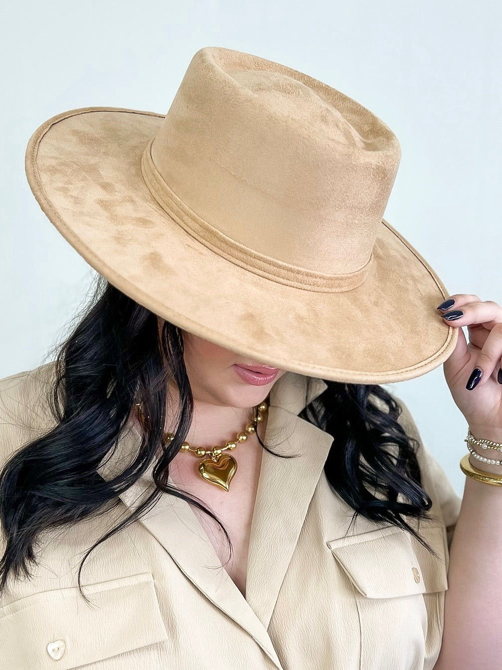 Vegan Suede Boater Hat-Cappuccino