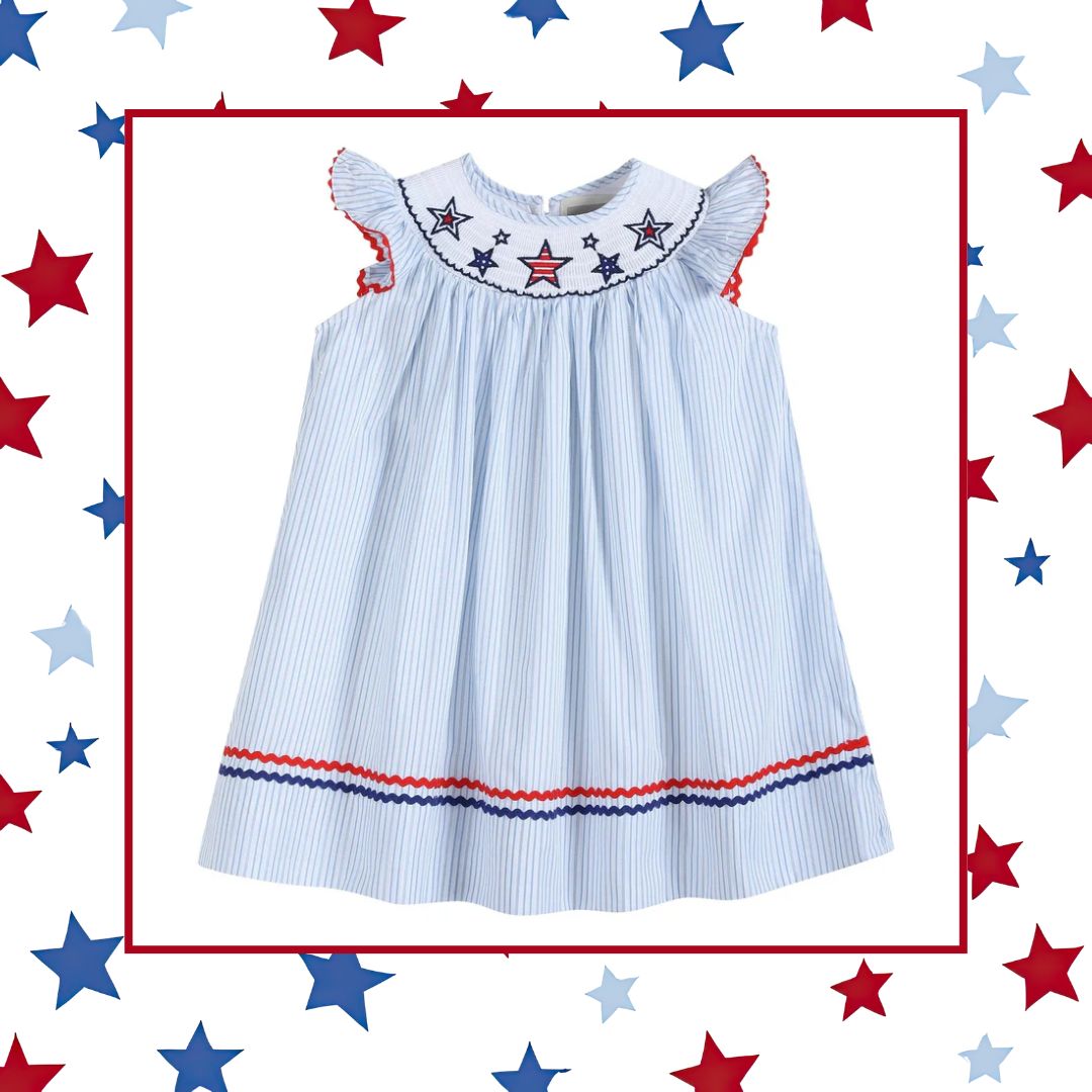 4th of July Blue Striped Stars Smocked Bishop Dress