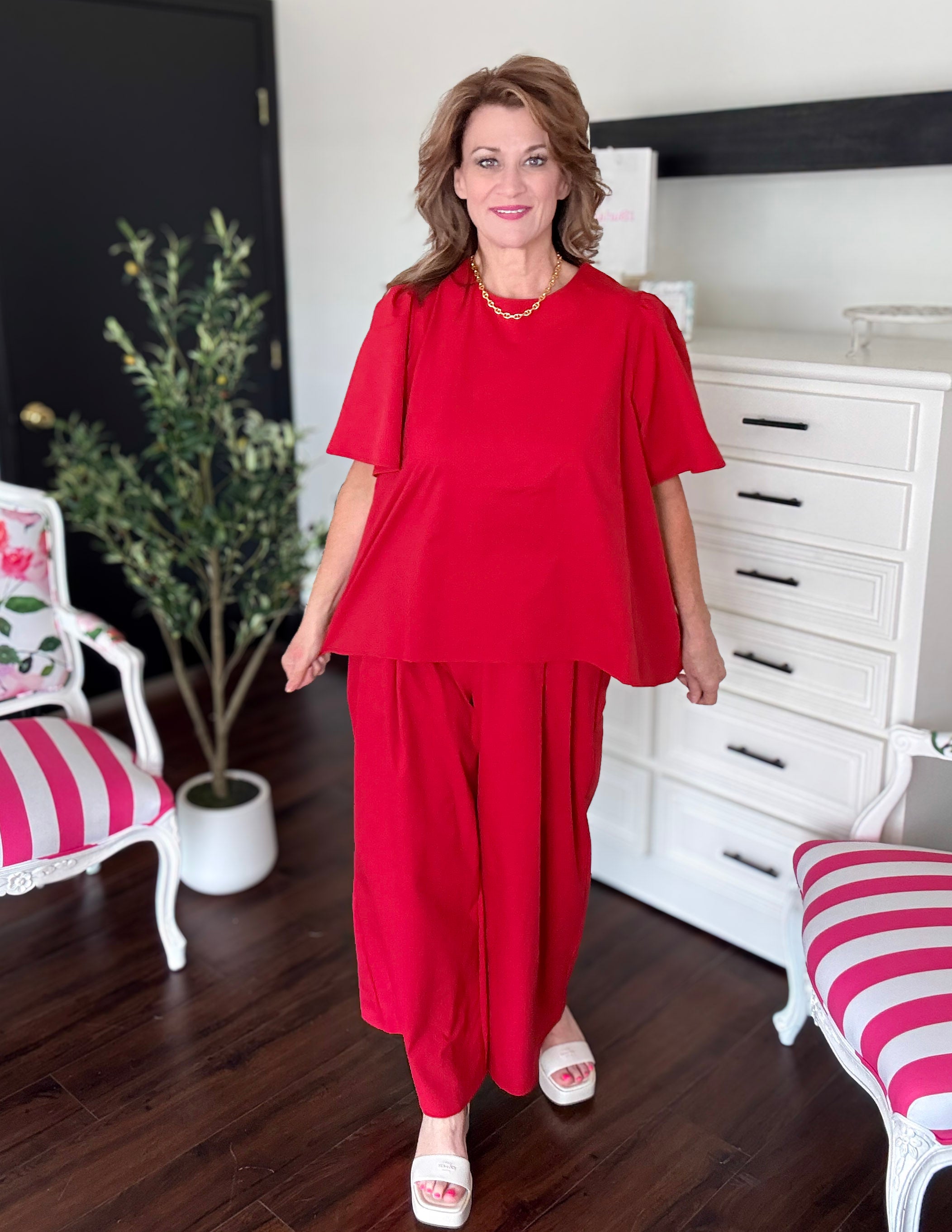 Sandy Poplin Wide Leg Pants-Red