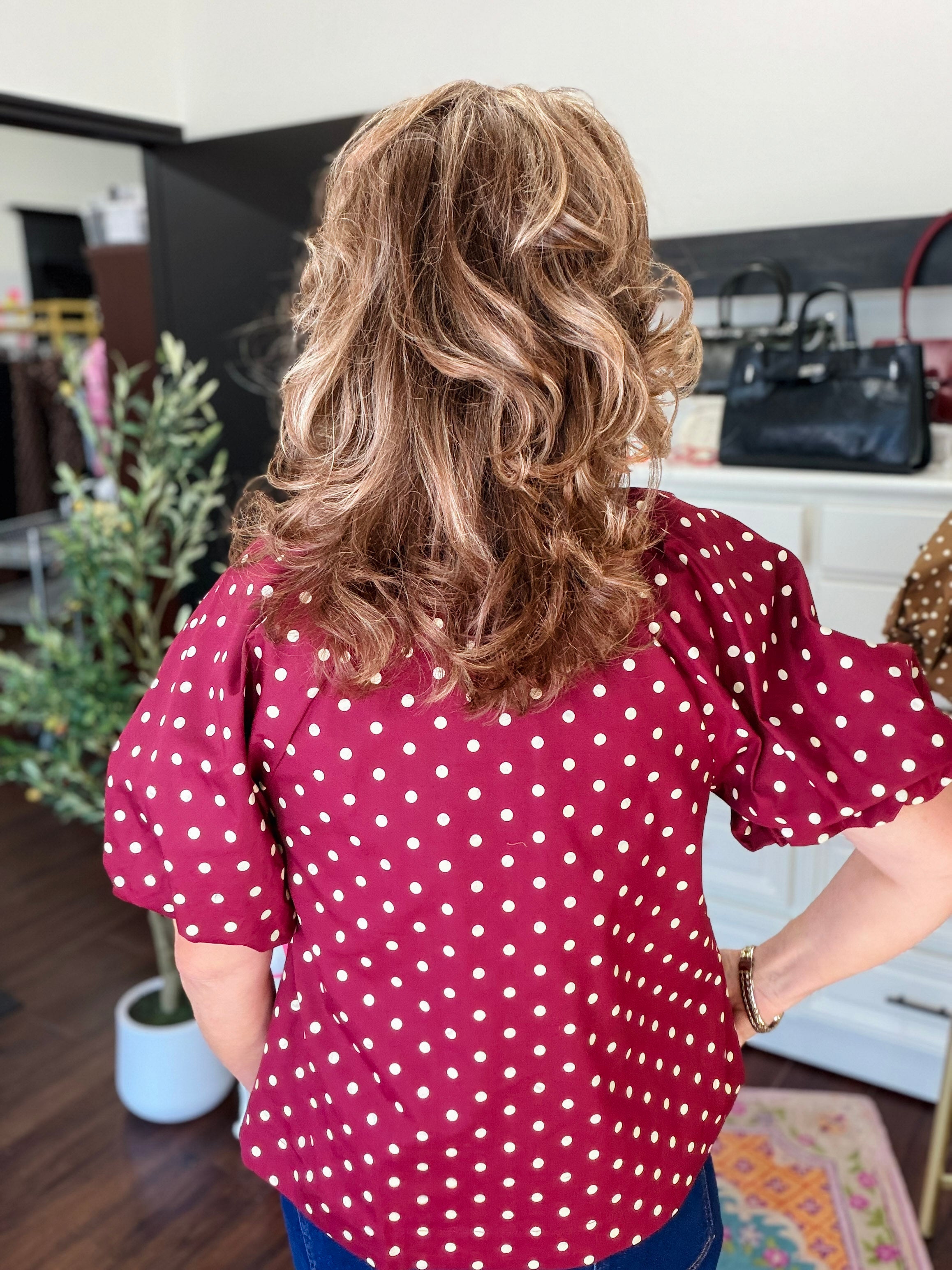 Polka Dot Puff Sleeve Top-Deep Wine
