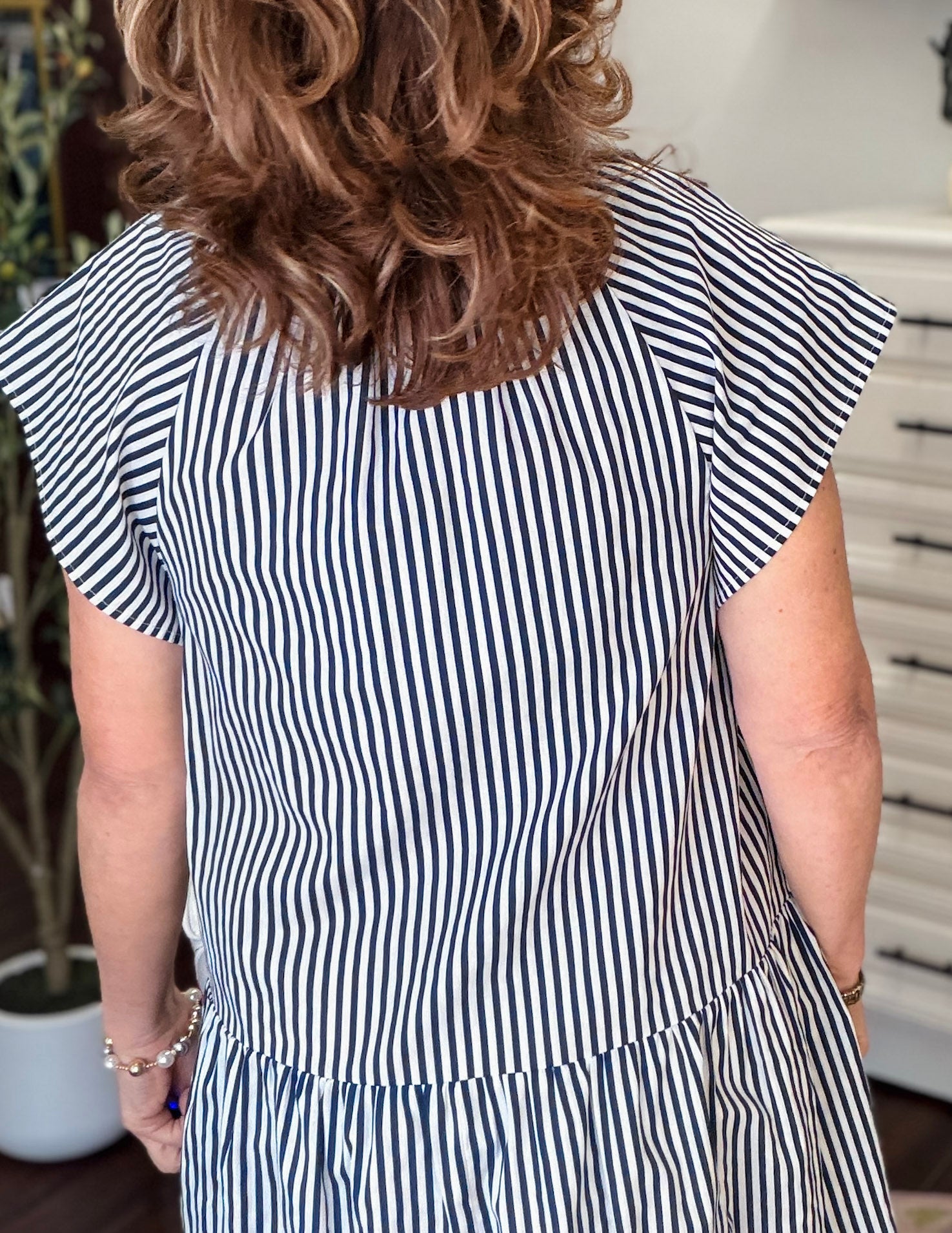 Stripe Ruffle Neck Tunic Mini Dress-Navy