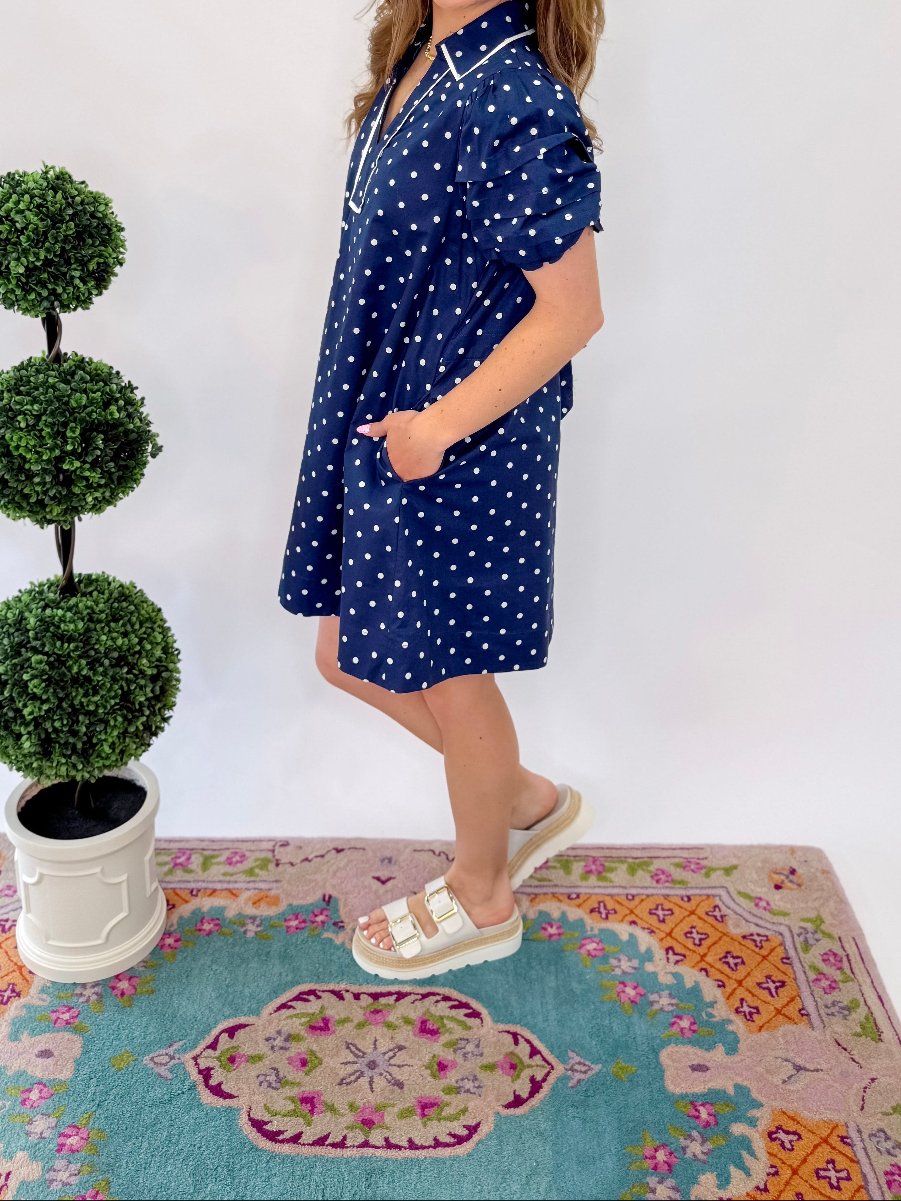 Melody Polka Dot Puff Sleeve Dress - Navy