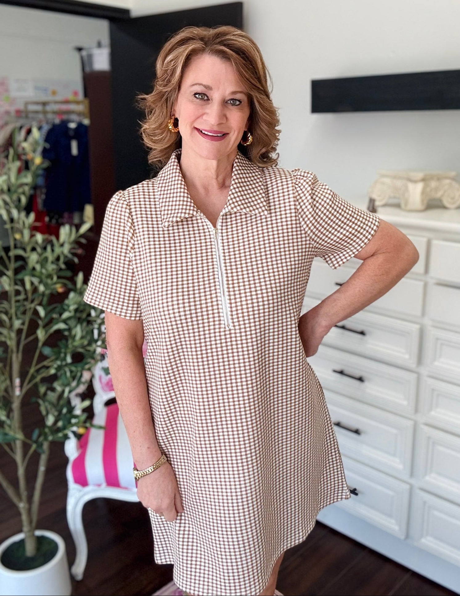 Gingham Stretch Mini Dress - Camel