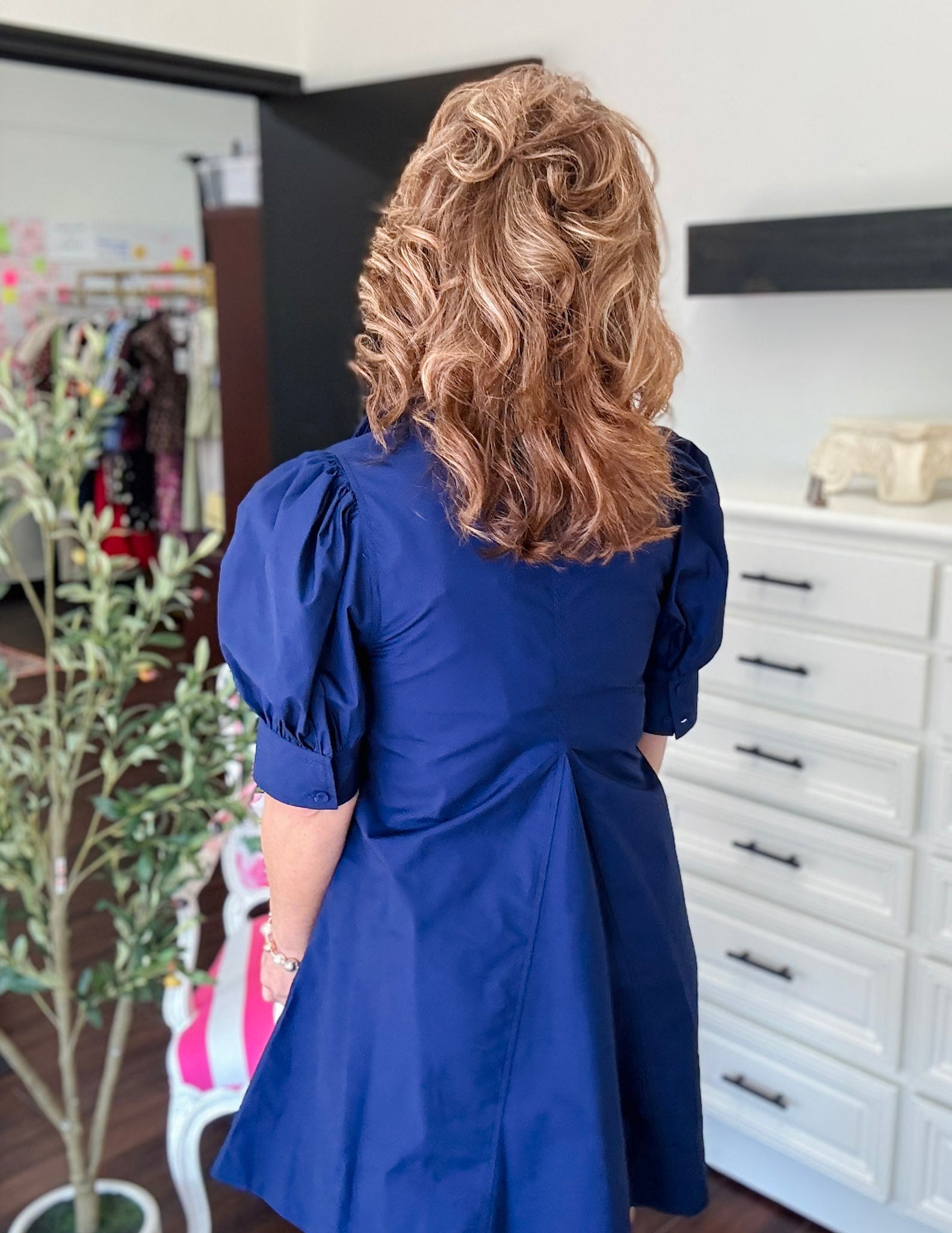 Puff Sleeve V-Neck Mini Dess-Deep Navy