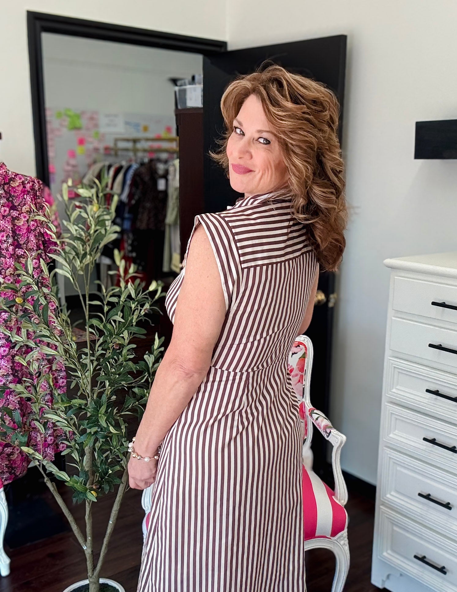 Striped Button Down Midi Dress-Brown/White