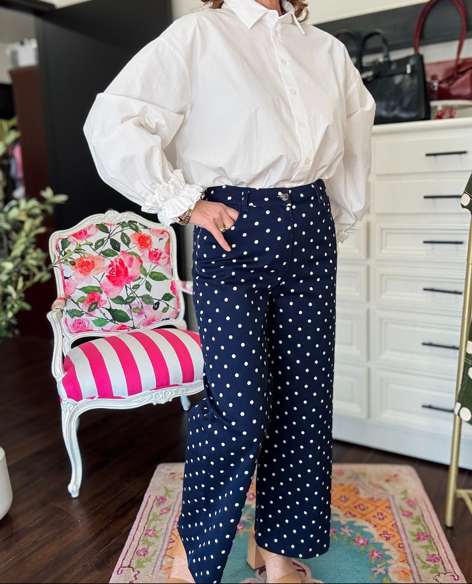 Wide Leg Cropped Pant Navy Polka Dot - Navy