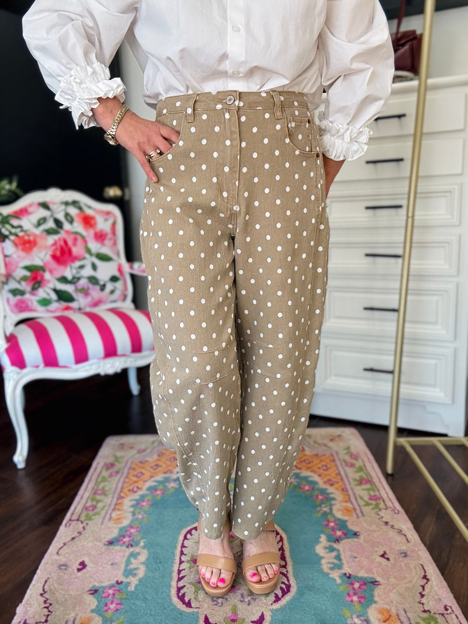 Latte Fun - Dot Pant - Tan Barrel Pant - Latte