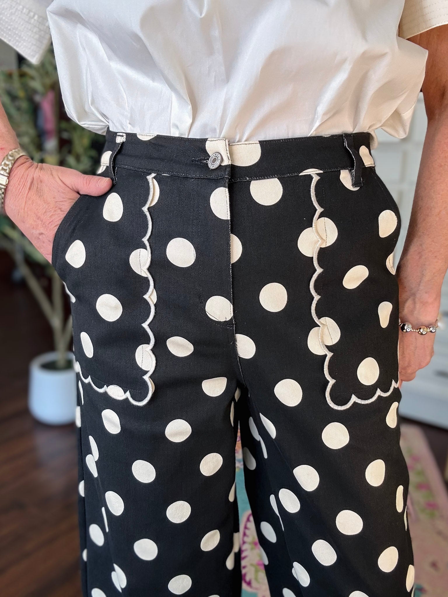 Polka Dot Scallop Pant-Black/Ivory