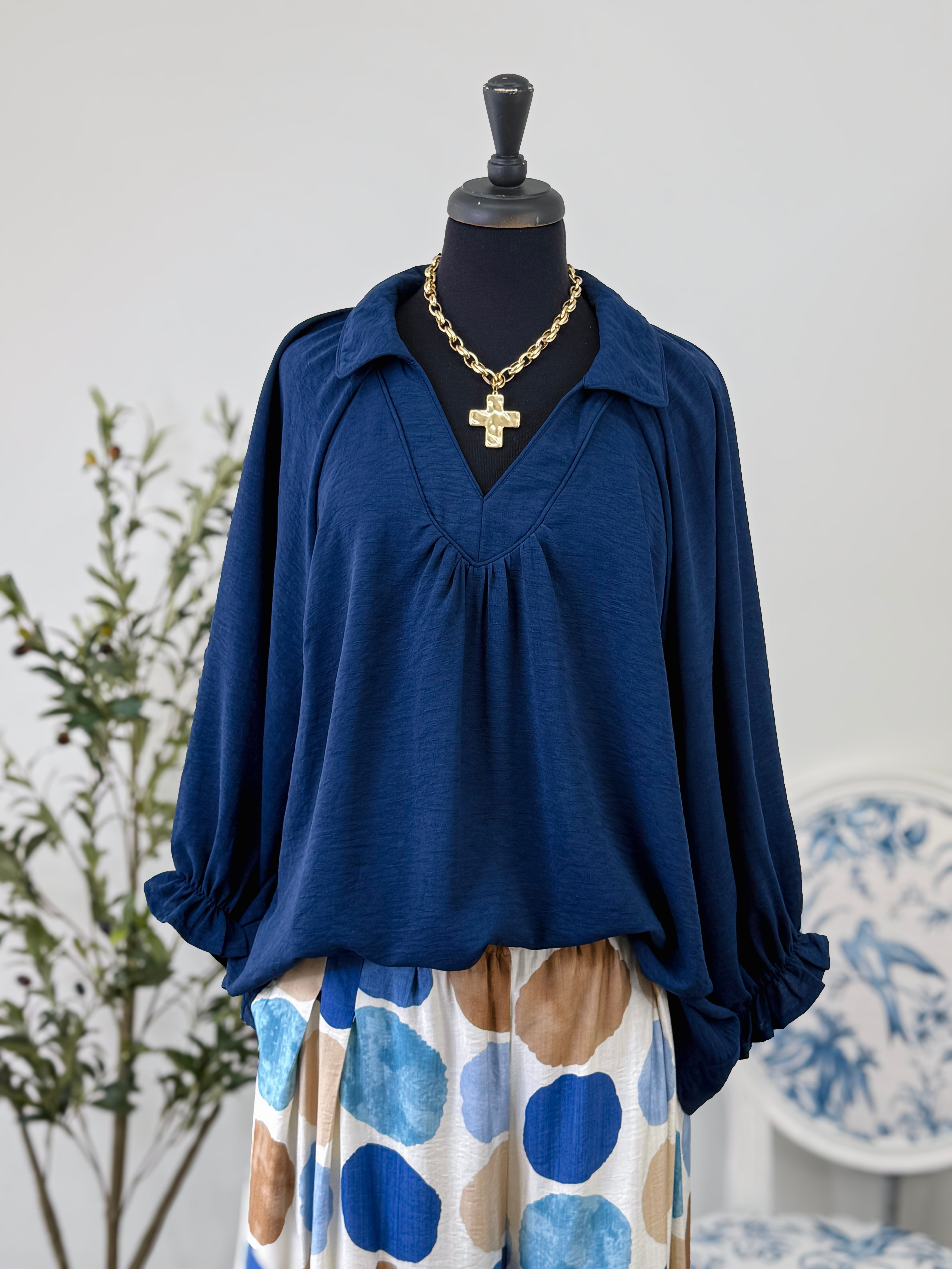 Navy V-Neck Top-Plus