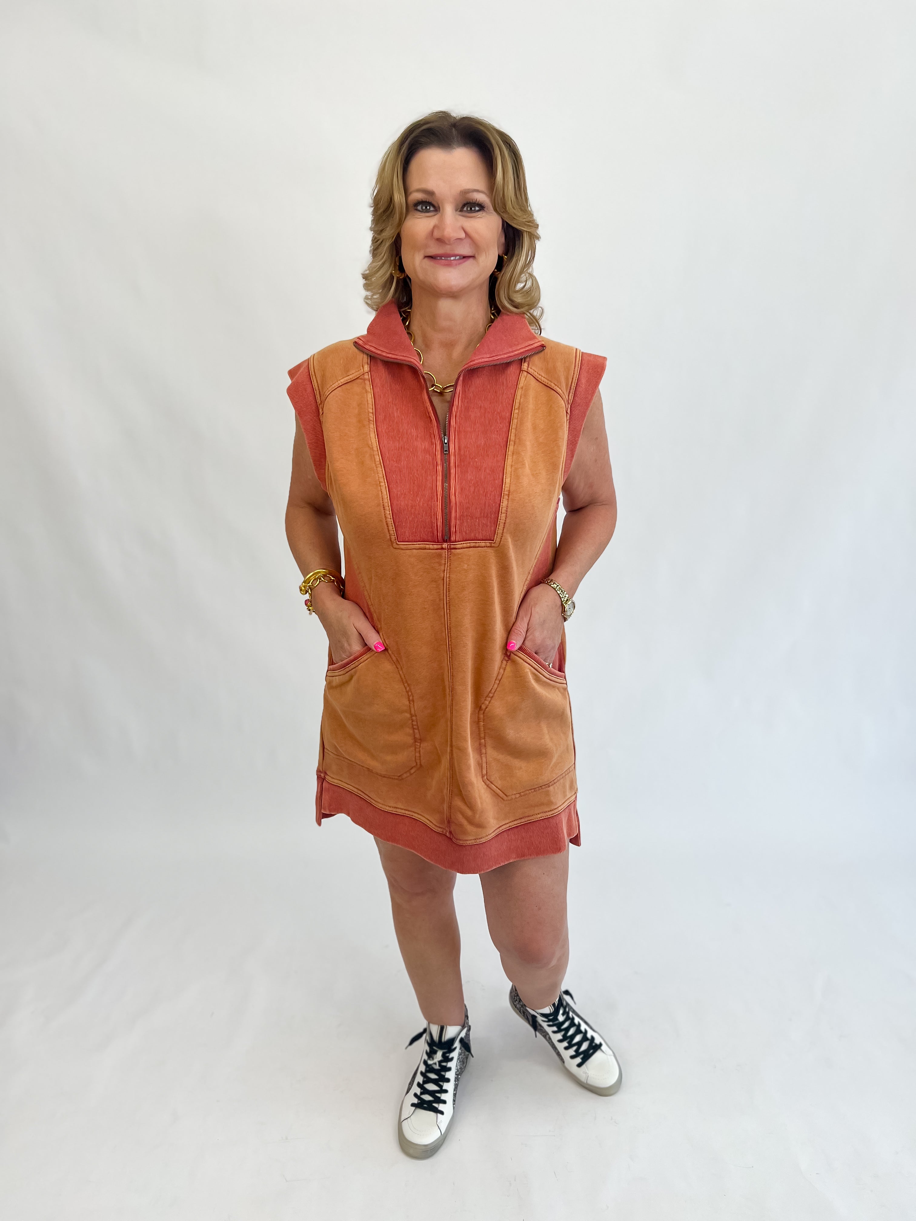 Sporty Mineral-Washed Vest Dress-Rust