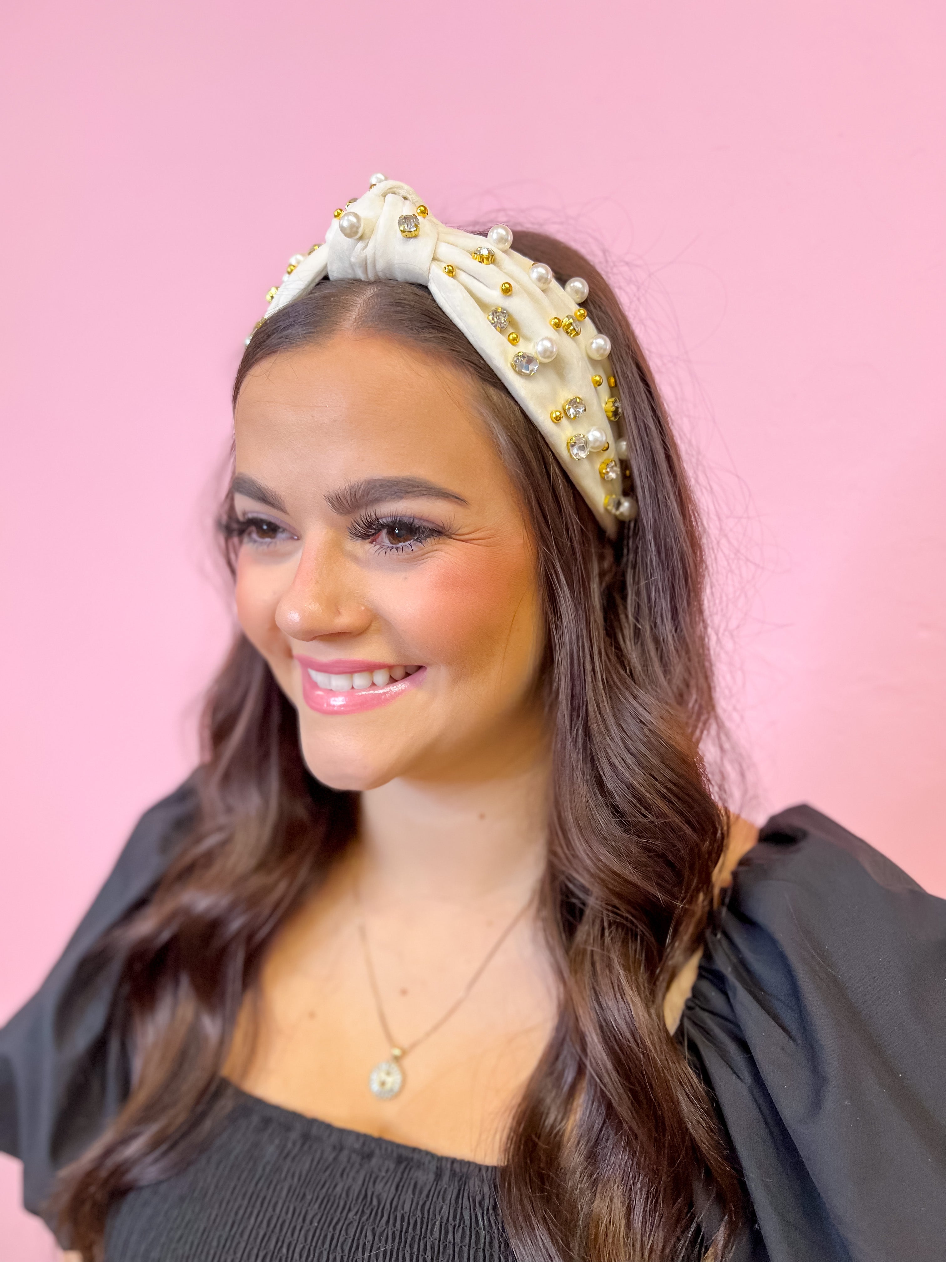 Cream Plush Knotted Headband with Pearls &  Gems