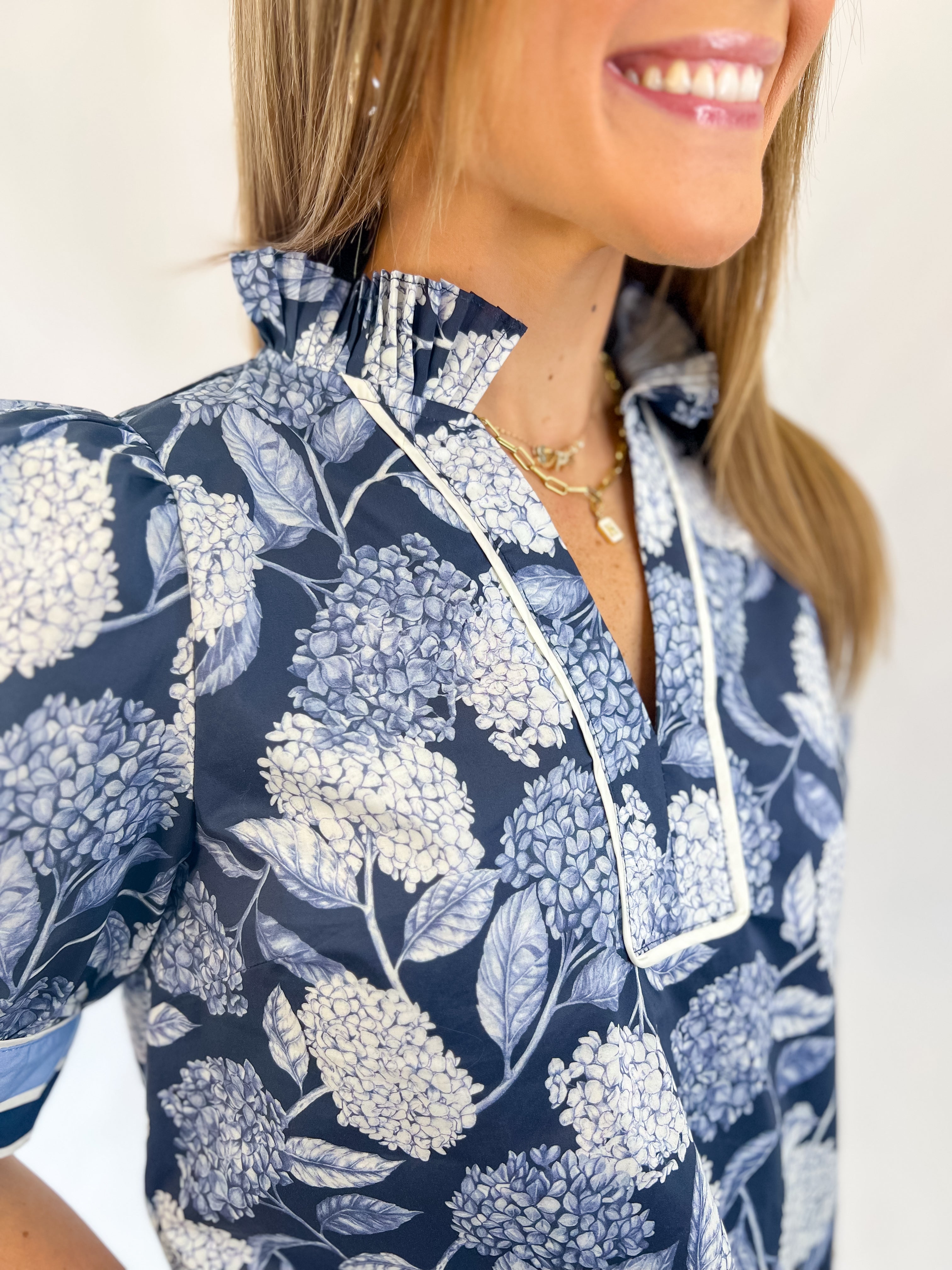 Fall Botanical V-Neck Navy Top