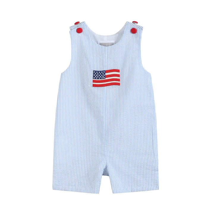 Blue Seersucker USA Flag Shortall