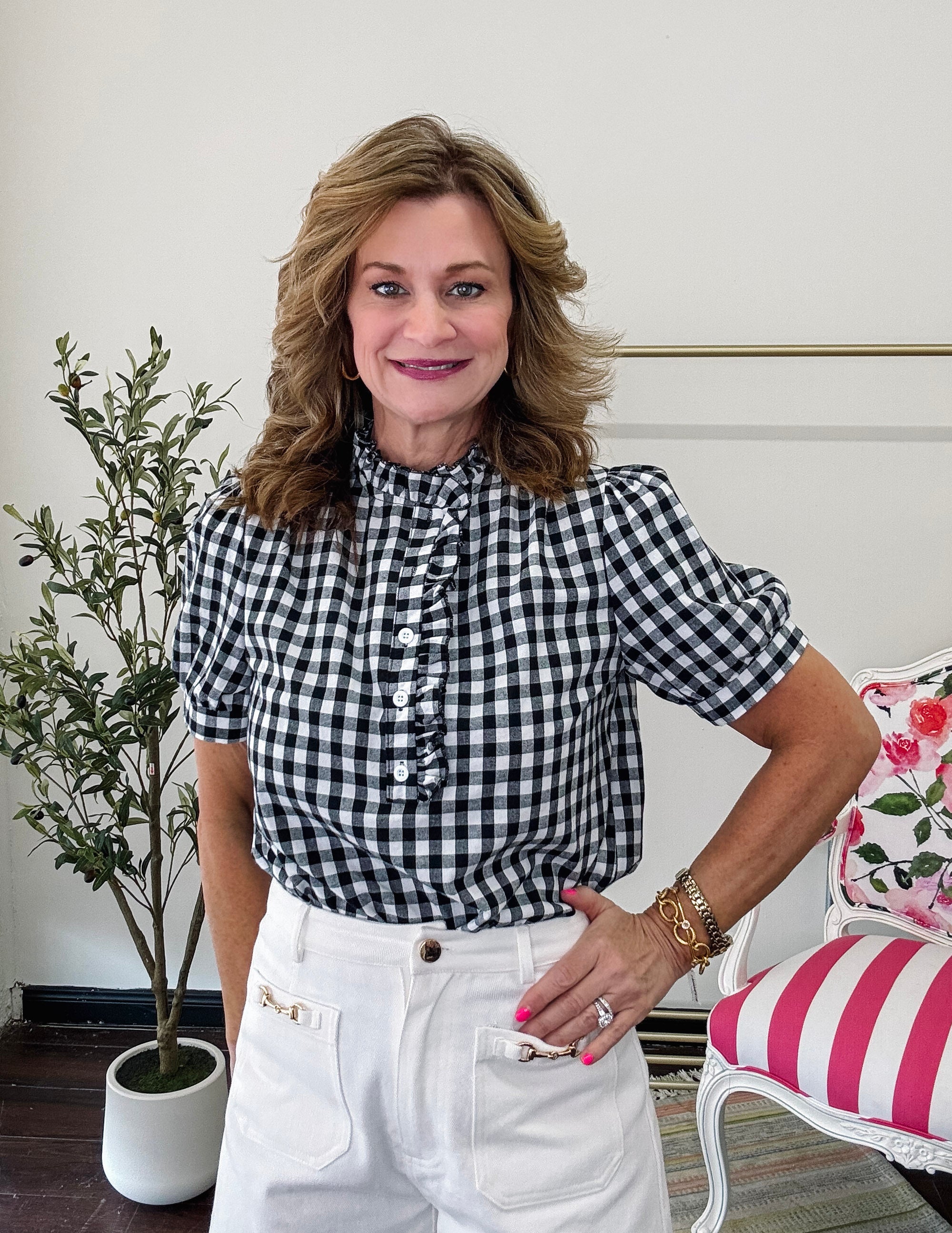 Retro Ruffle Gingham Plaid Top-Black