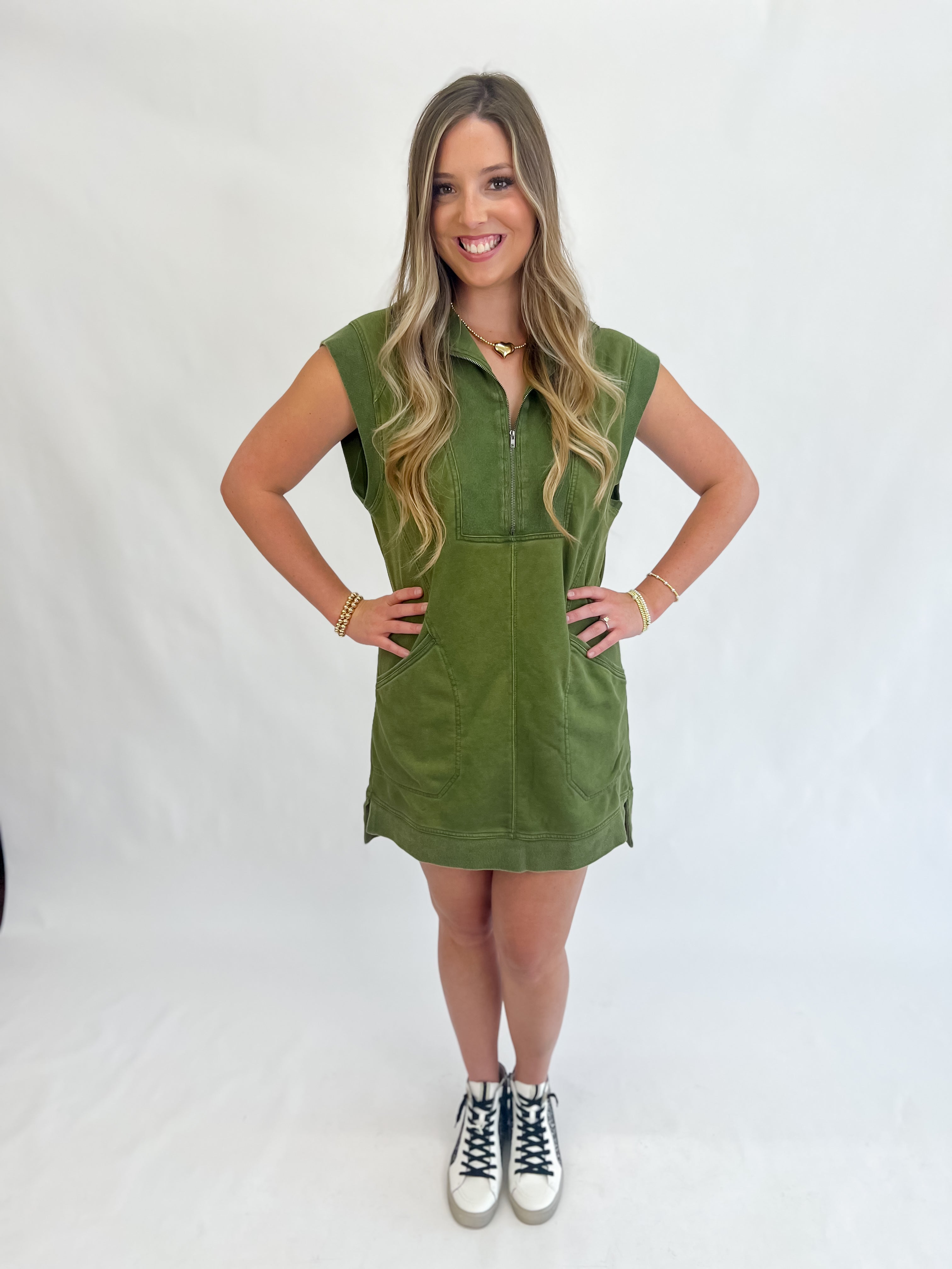 Sporty Mineral-Washed Vest Dress-Dark Olive