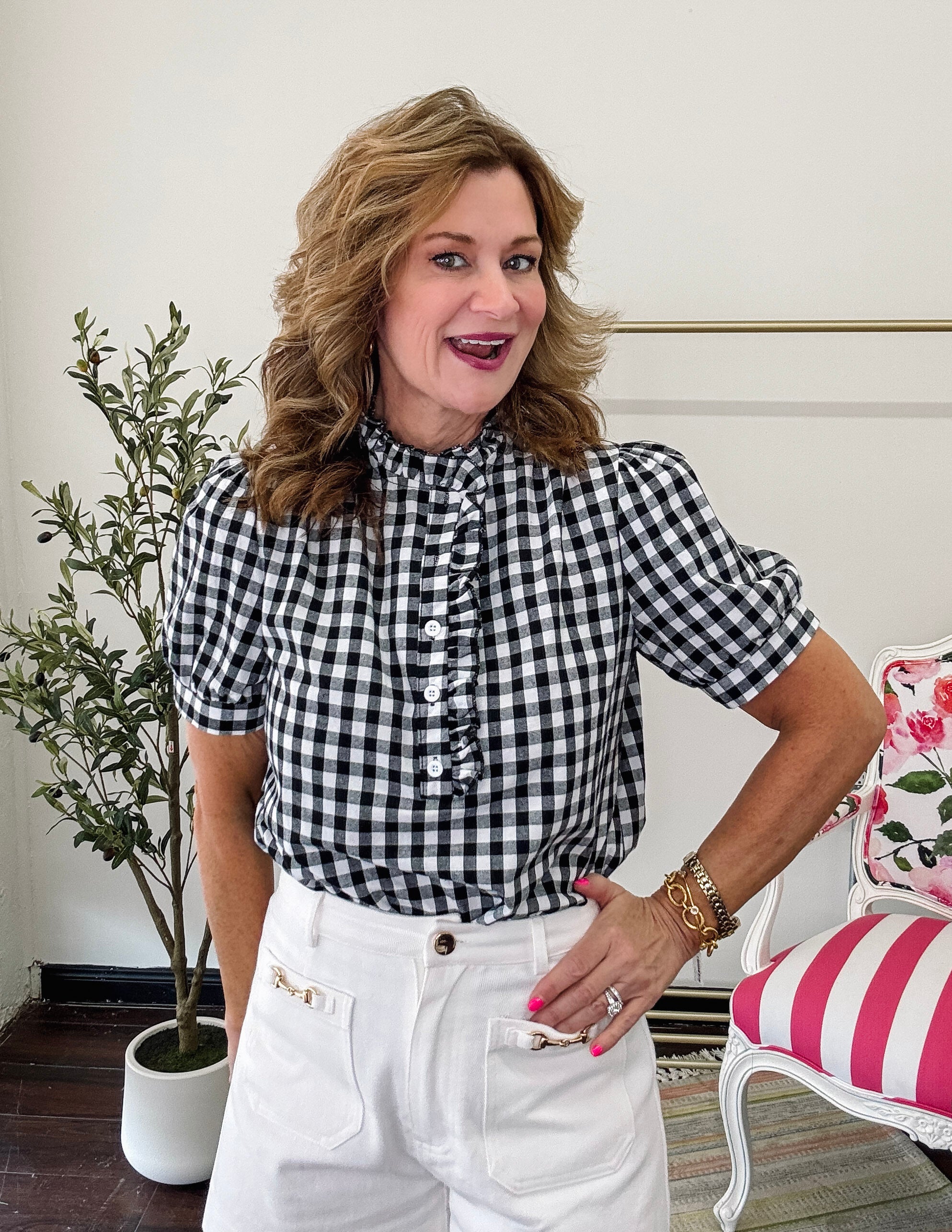 Retro Ruffle Gingham Plaid Top-Black