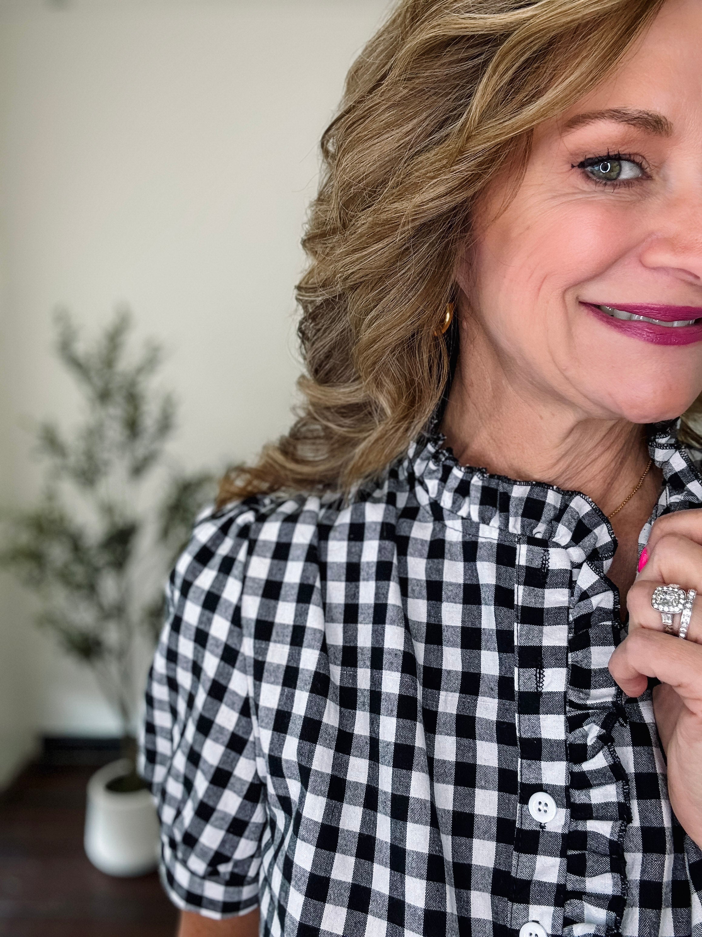 Retro Ruffle Gingham Plaid Top-Black