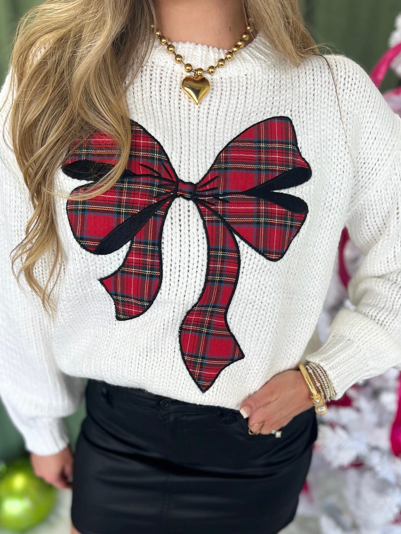 Holiday Cheer Plaid Bow Sweater