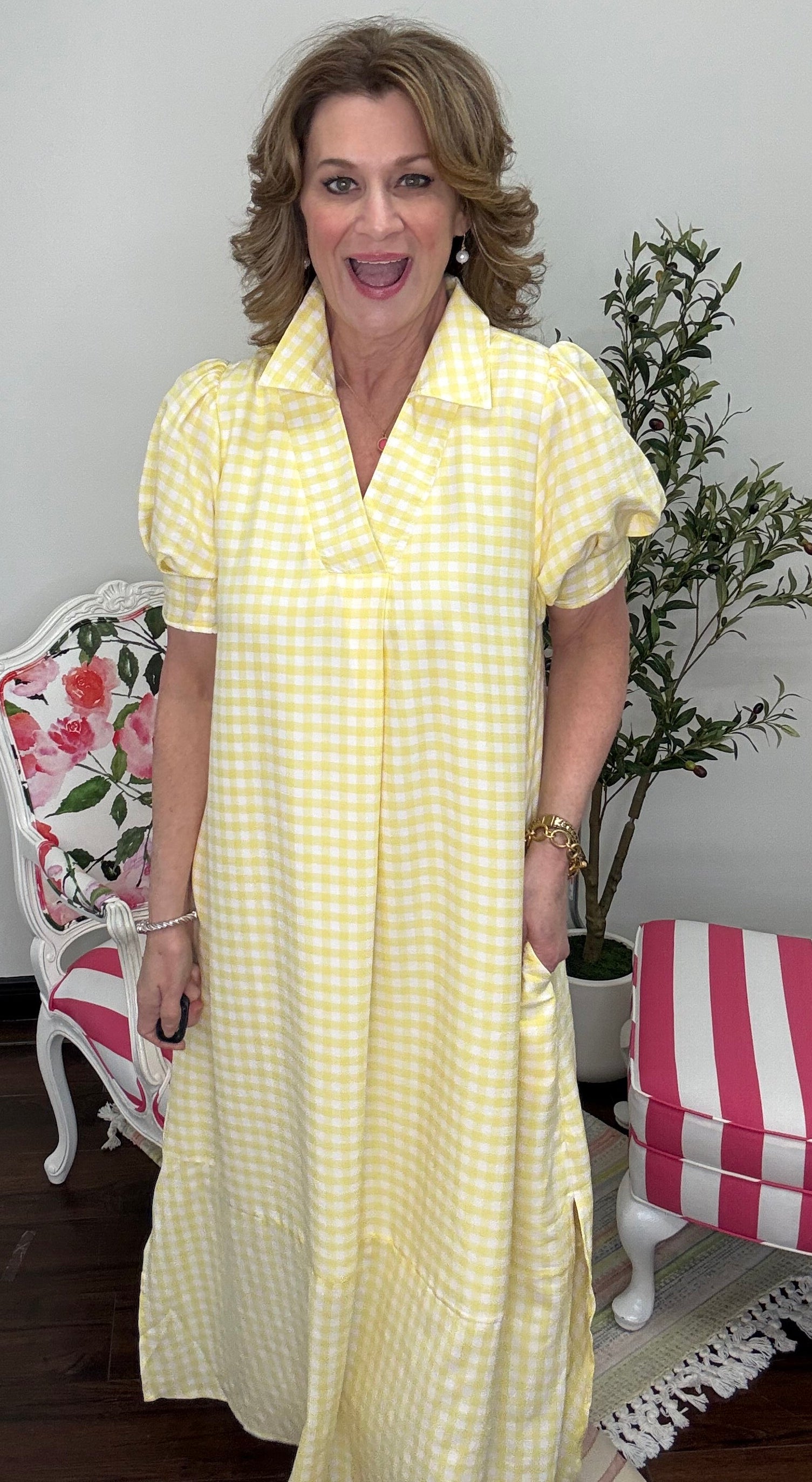 Nora Gingham Midi Dress - Lemon